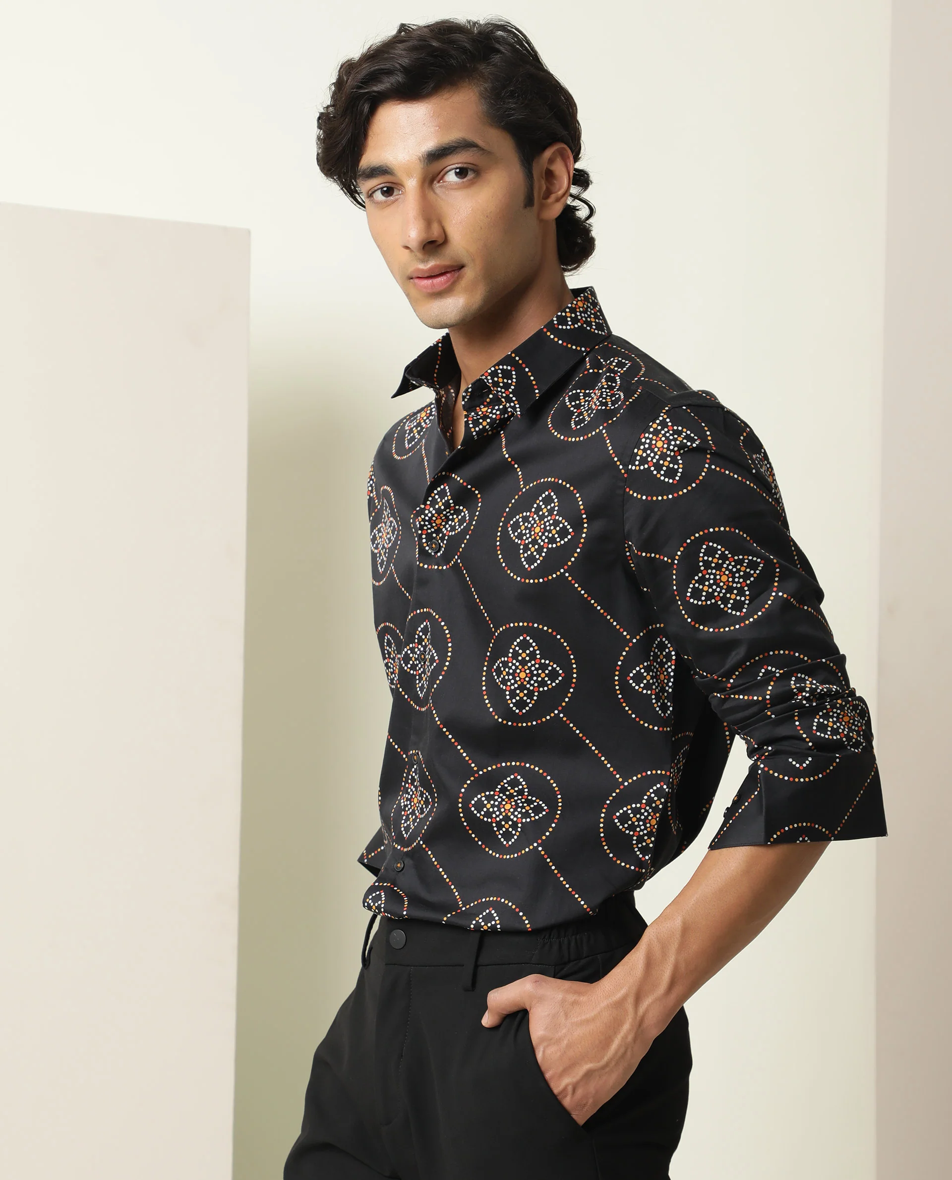 Rare Rabbit Men's Remus Black Cotton Geometric Print Regular Fit Full Sleeve Collared Shirt - Image 4