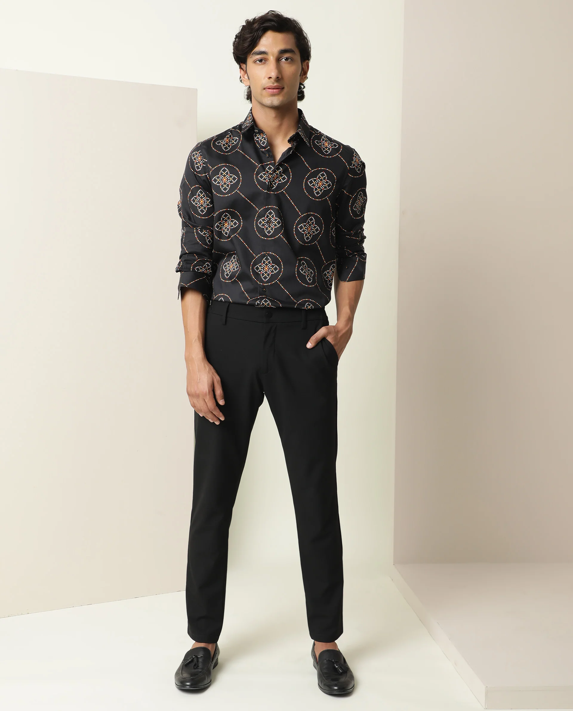 Rare Rabbit Men's Remus Black Cotton Geometric Print Regular Fit Full Sleeve Collared Shirt - Image 6