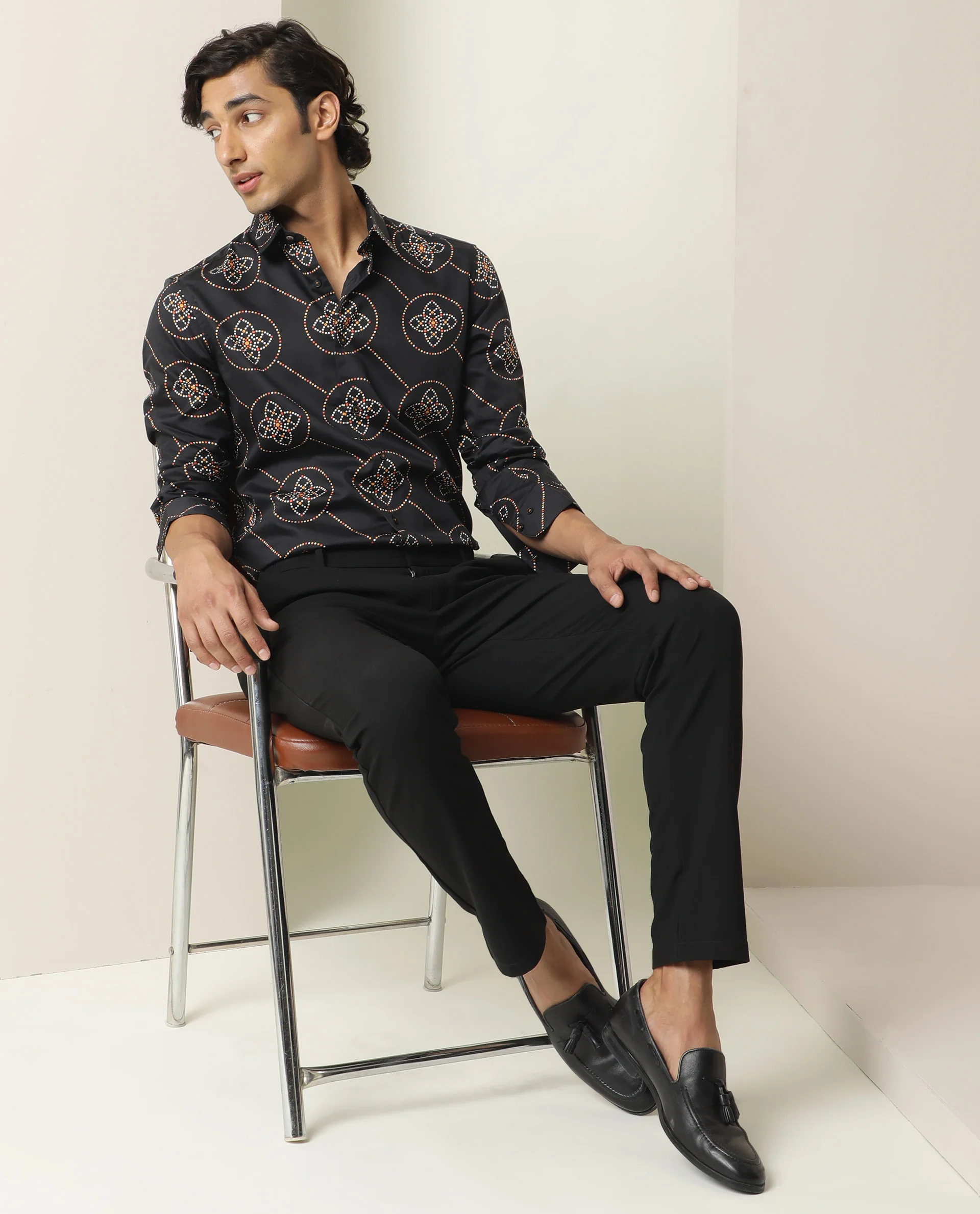 Rare Rabbit Men's Remus Black Cotton Geometric Print Regular Fit Full Sleeve Collared Shirt - Image 8