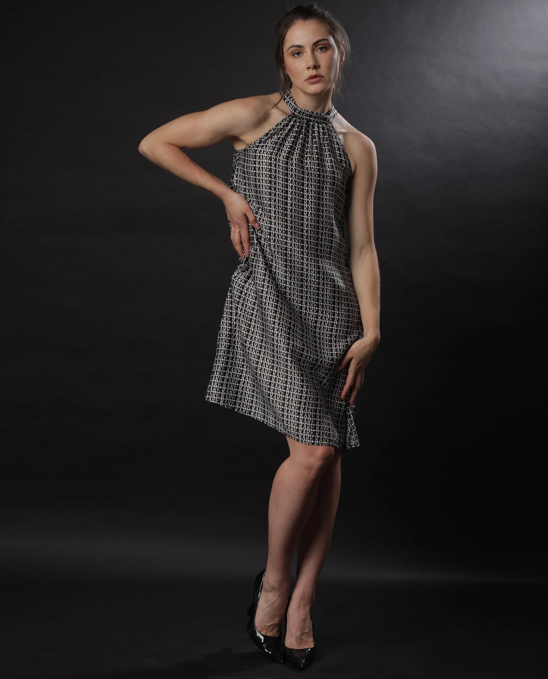 Rareism Women's Renata Black Modal Blend Halter Neck Geometric Print Sleeveless Knee Length Regular Fit Dress