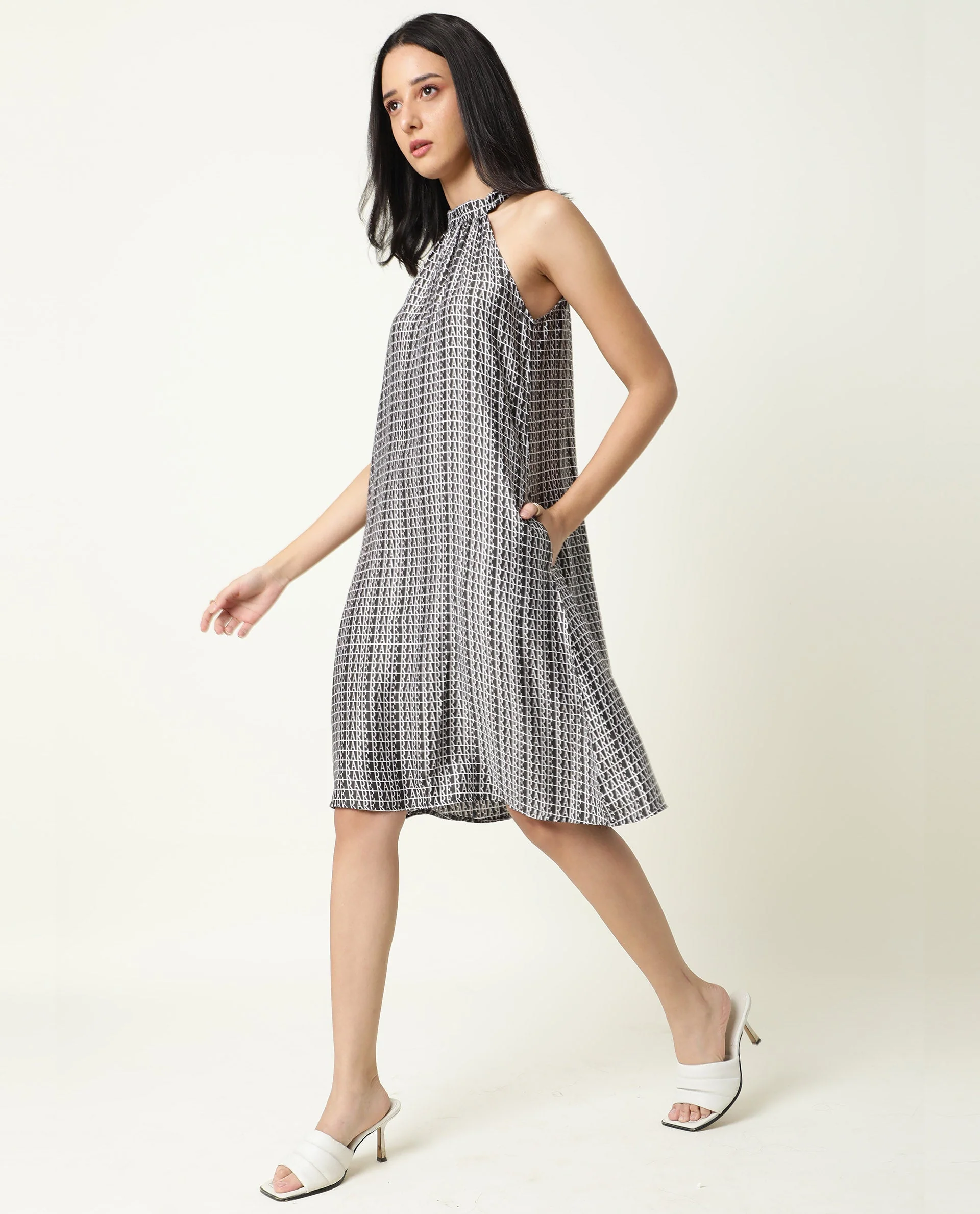 Rareism Women's Renata Black Modal Blend Halter Neck Geometric Print Sleeveless Knee Length Regular Fit Dress - Image 3