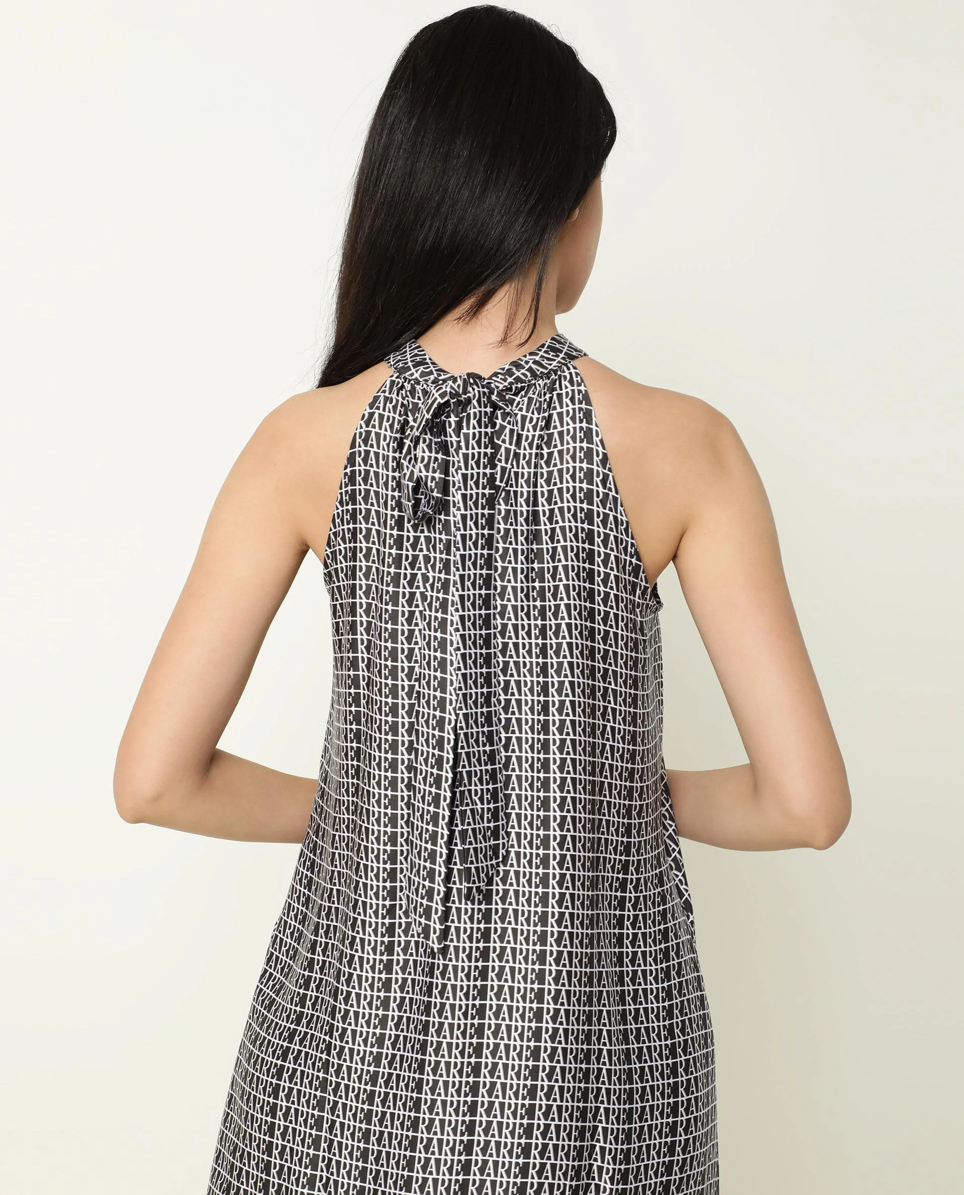Rareism Women's Renata Black Modal Blend Halter Neck Geometric Print Sleeveless Knee Length Regular Fit Dress - Image 4