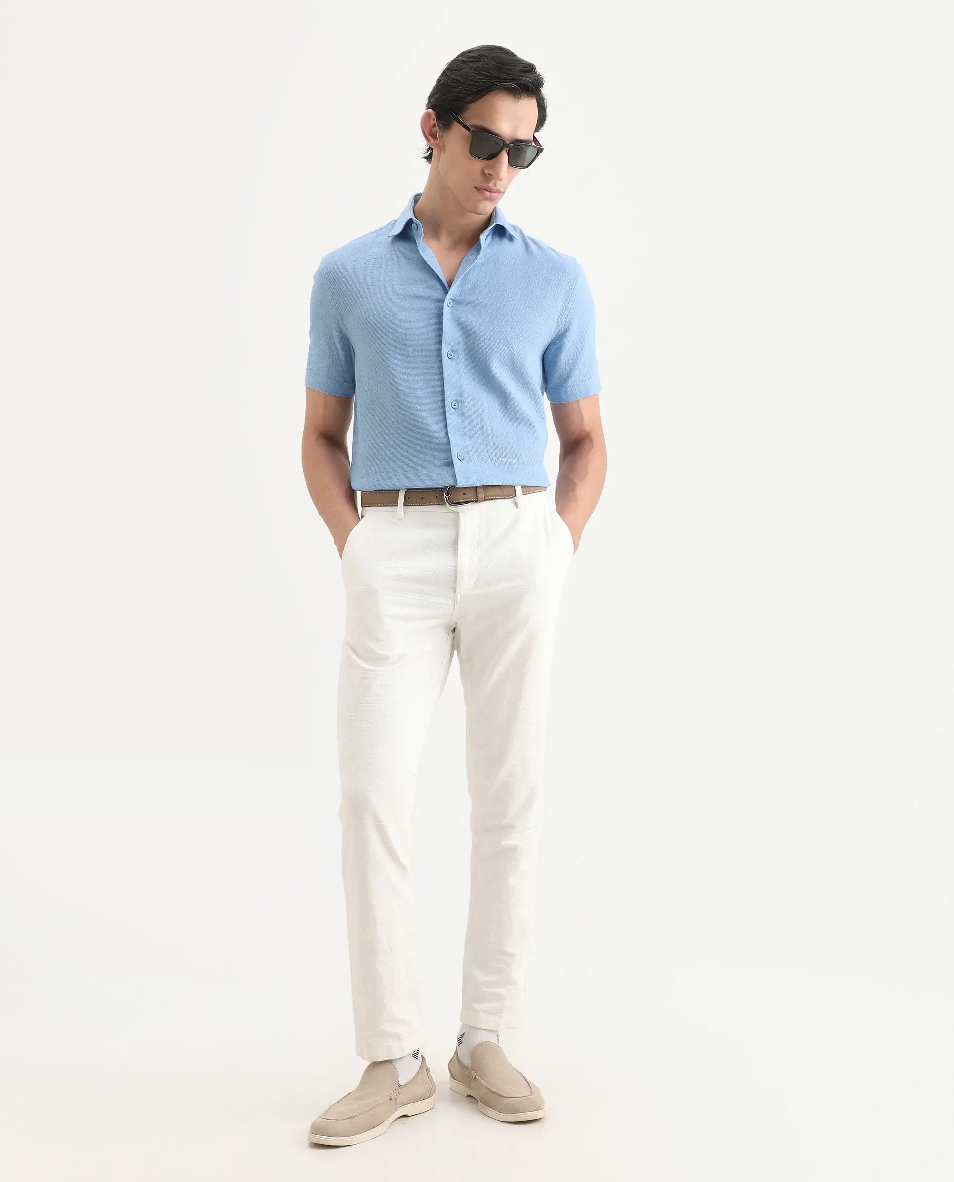 Rare Rabbit Men's Rends Blue Cotton Fabric Half Sleeve Spread Collar Regular Fit Textured Shirt - Image 2