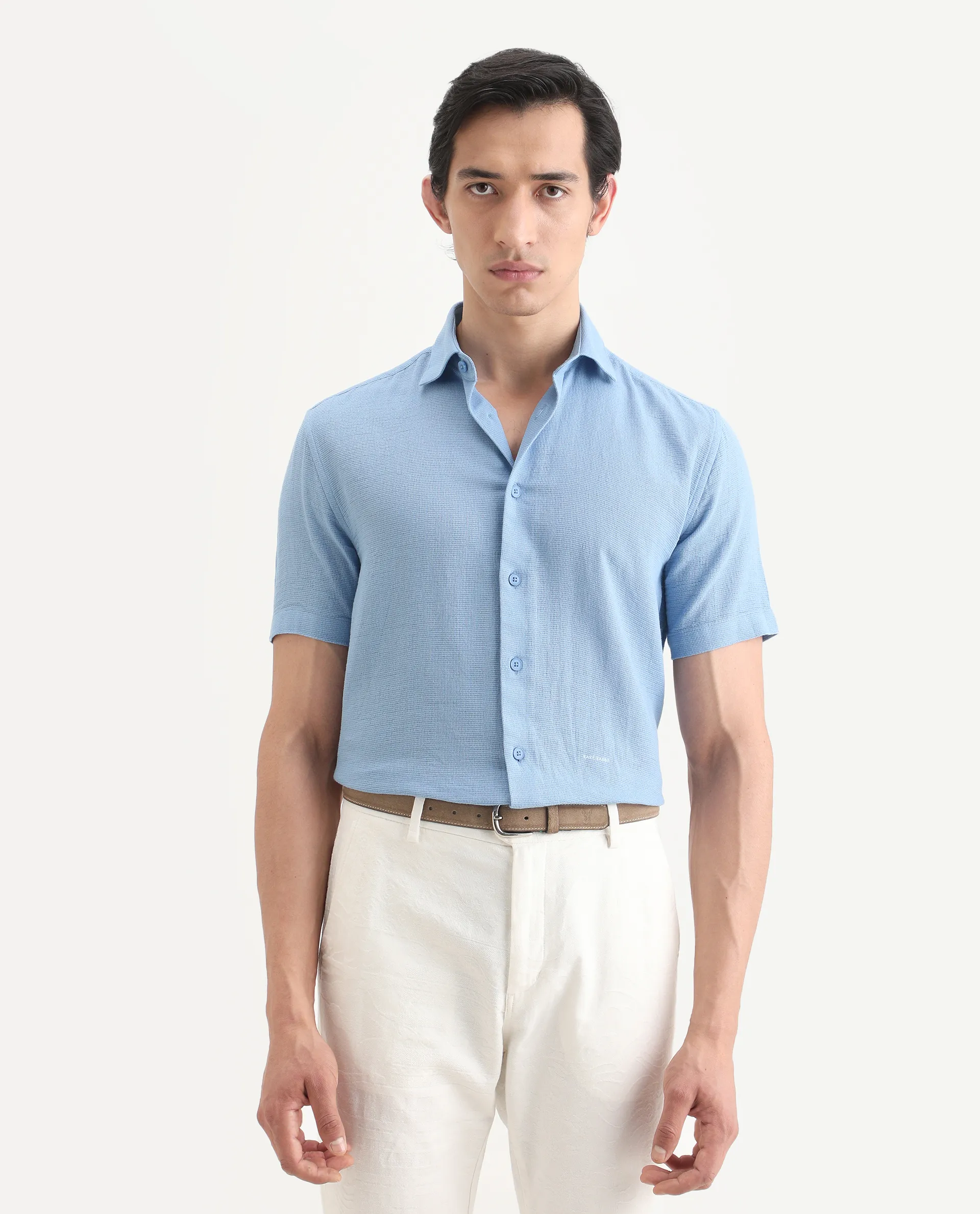 Rare Rabbit Men's Rends Blue Cotton Fabric Half Sleeve Spread Collar Regular Fit Textured Shirt - Image 3