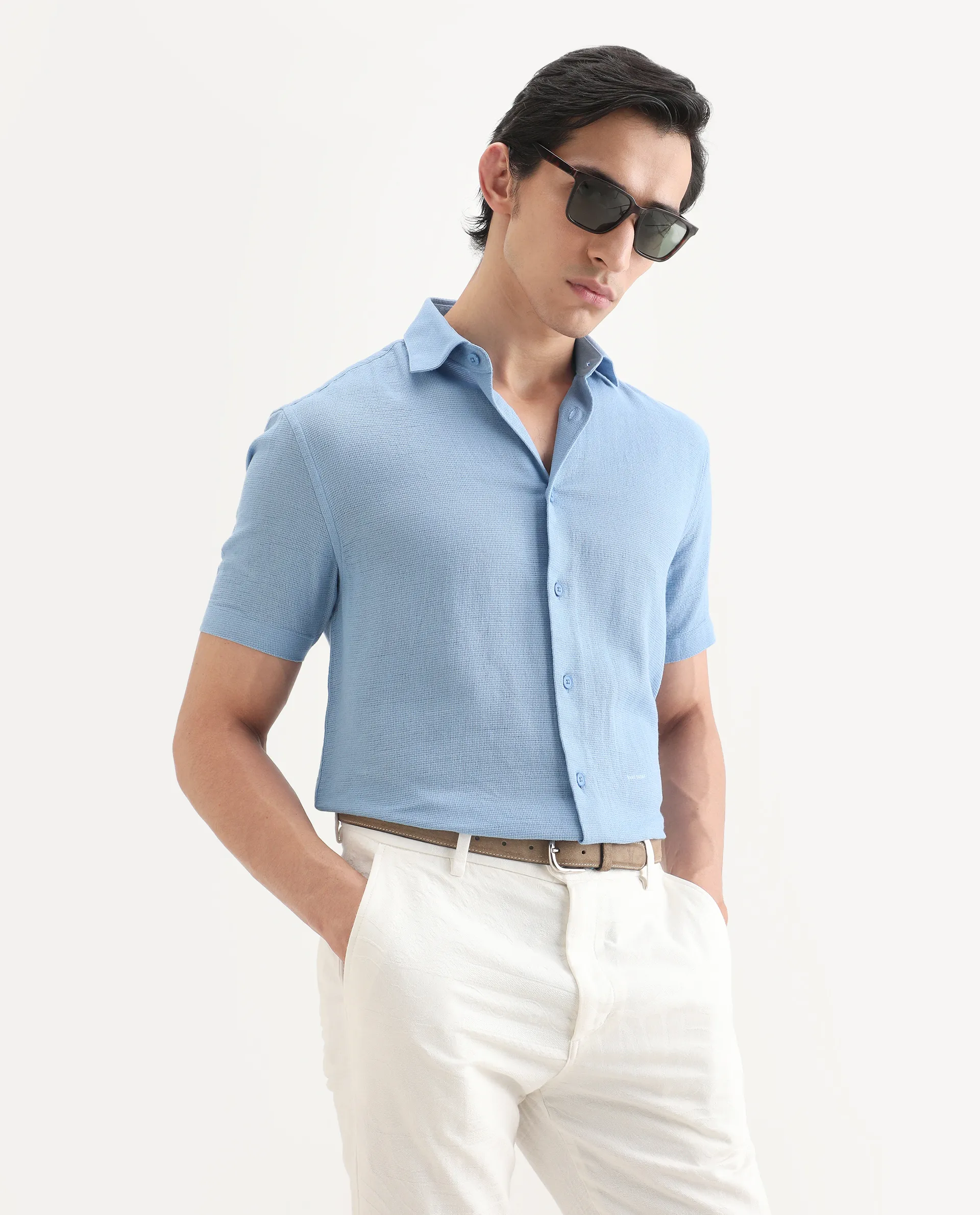 Rare Rabbit Men's Rends Blue Cotton Fabric Half Sleeve Spread Collar Regular Fit Textured Shirt - Image 4
