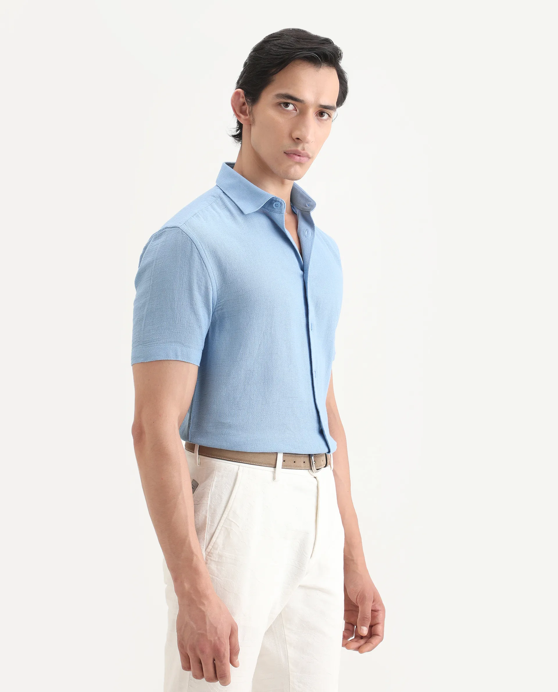 Rare Rabbit Men's Rends Blue Cotton Fabric Half Sleeve Spread Collar Regular Fit Textured Shirt - Image 5