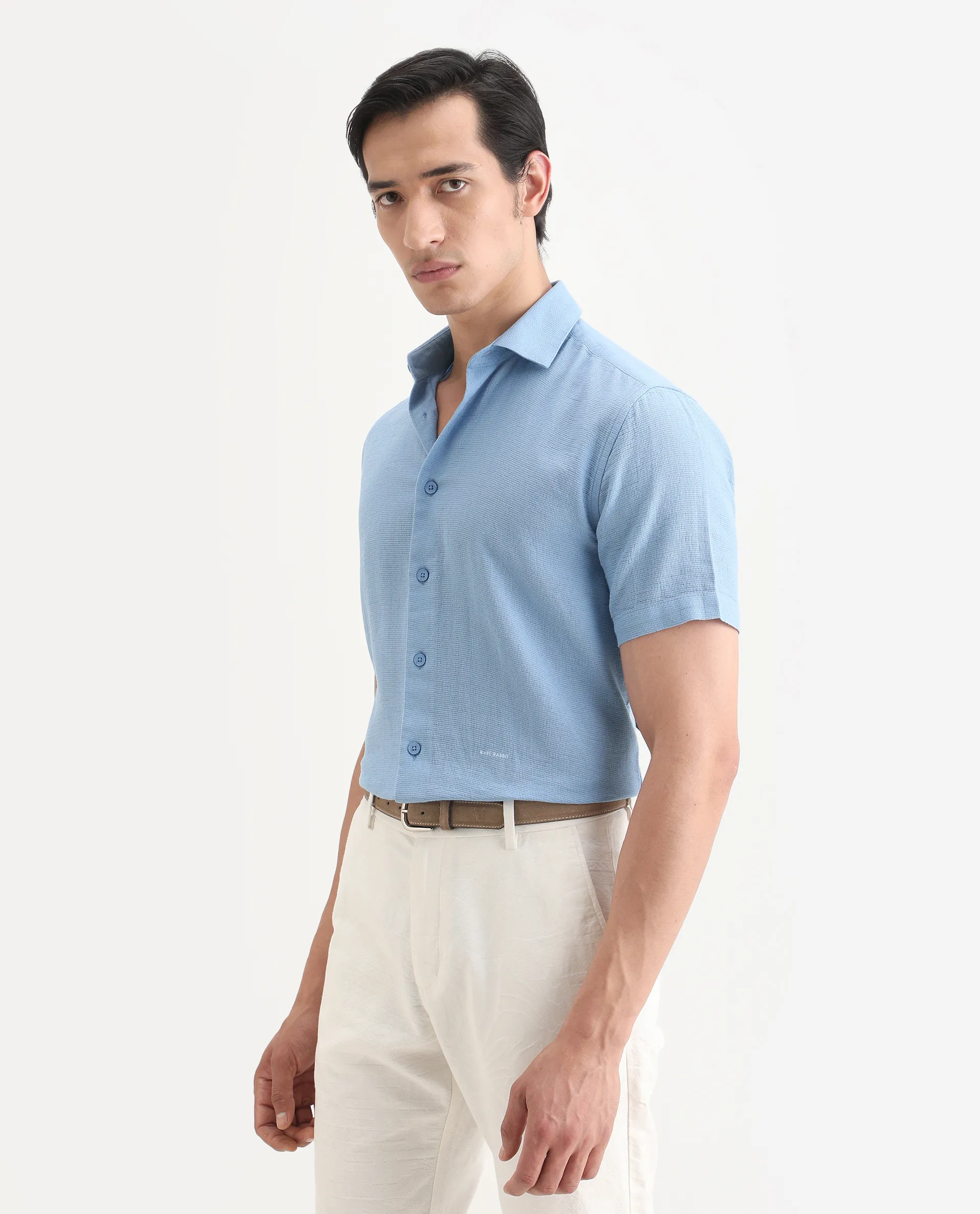 Rare Rabbit Men's Rends Blue Cotton Fabric Half Sleeve Spread Collar Regular Fit Textured Shirt - Image 6