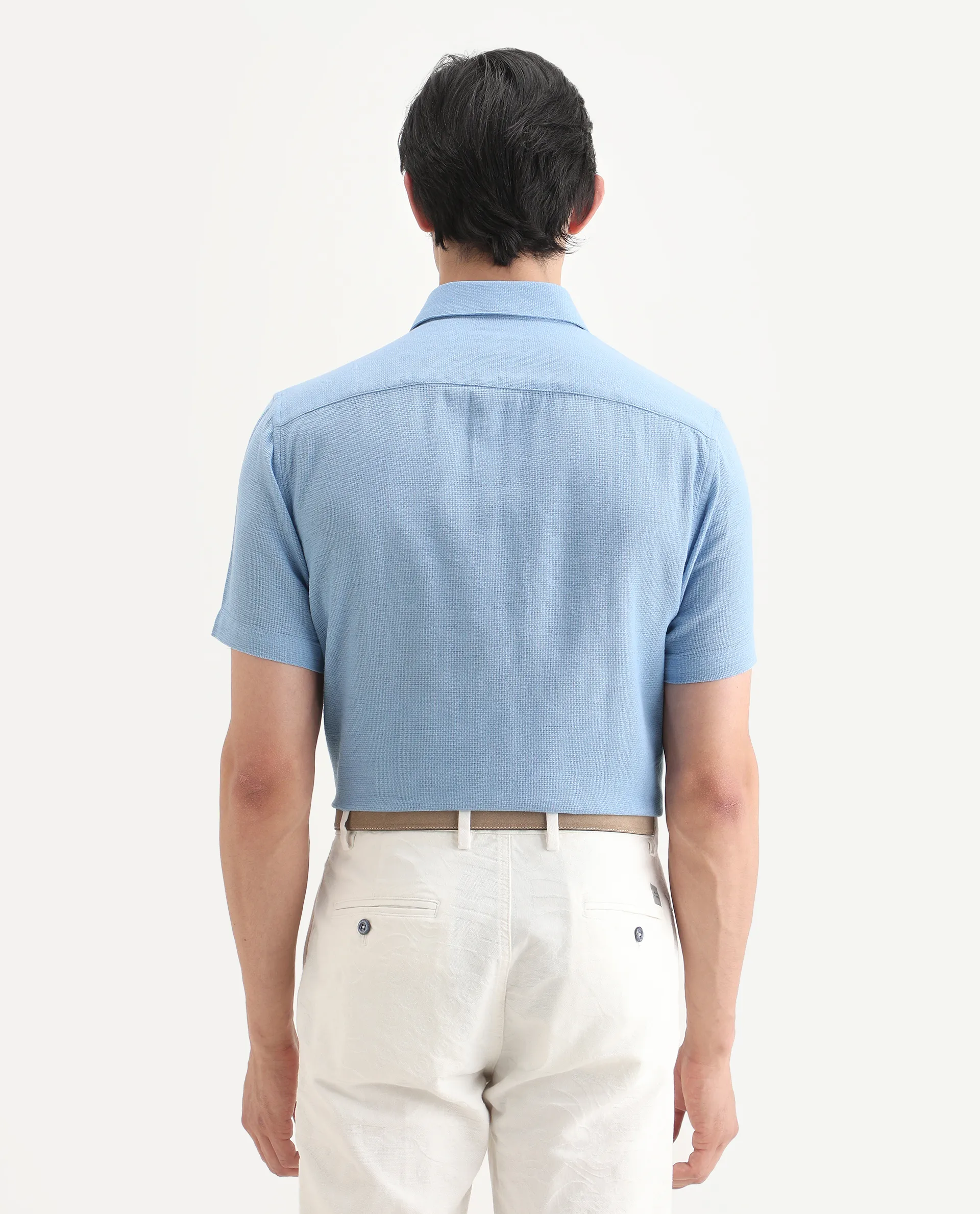 Rare Rabbit Men's Rends Blue Cotton Fabric Half Sleeve Spread Collar Regular Fit Textured Shirt - Image 7