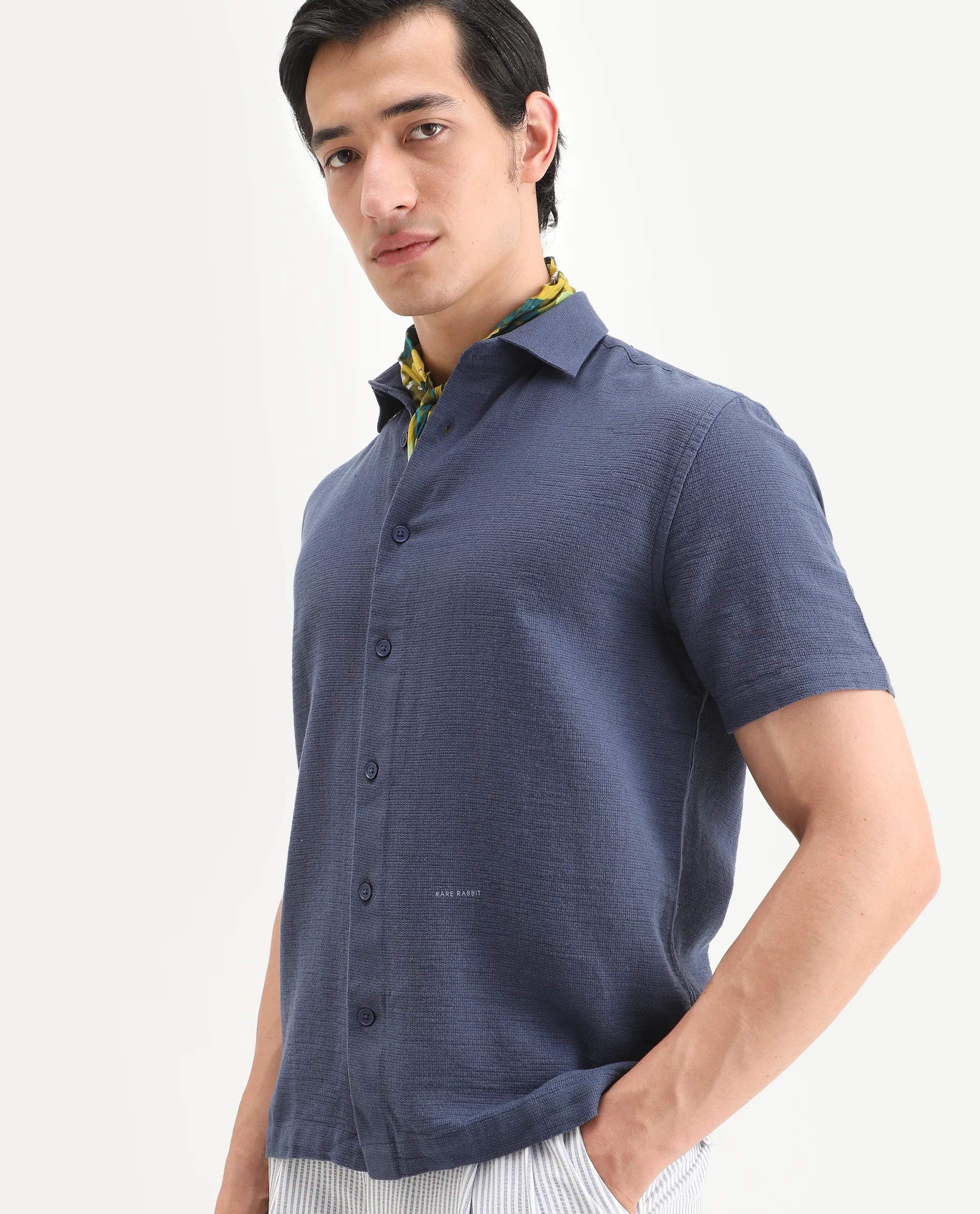Rare Rabbit Men's Rends Dark Blue Cotton Fabric Half Sleeve Spread Collar Regular Fit Textured Shirt