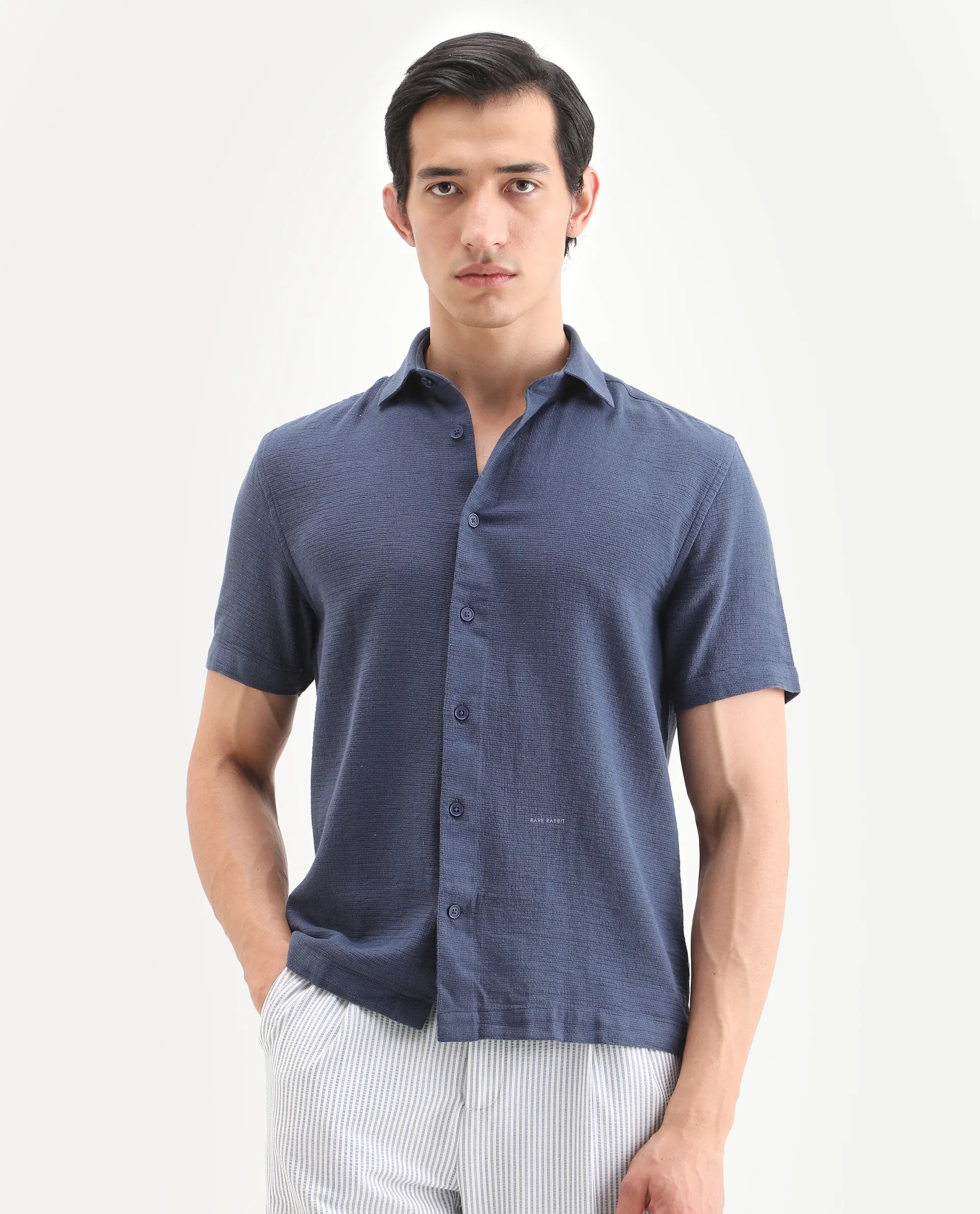 Rare Rabbit Men's Rends Dark Blue Cotton Fabric Half Sleeve Spread Collar Regular Fit Textured Shirt - Image 2