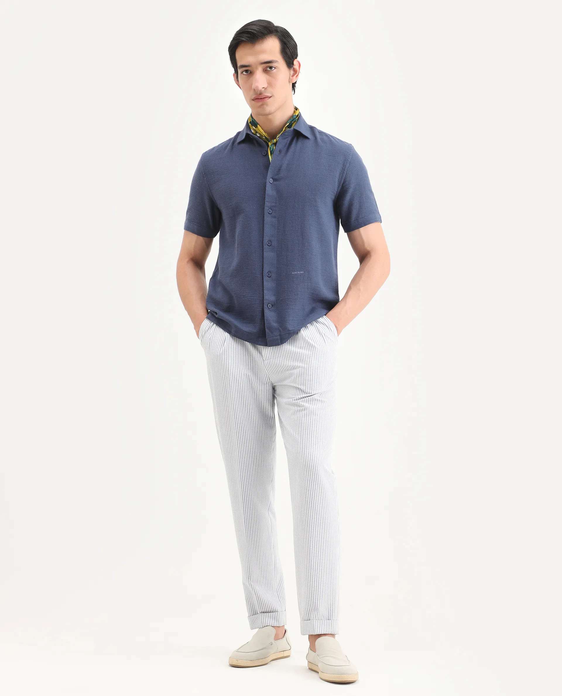 Rare Rabbit Men's Rends Dark Blue Cotton Fabric Half Sleeve Spread Collar Regular Fit Textured Shirt - Image 3