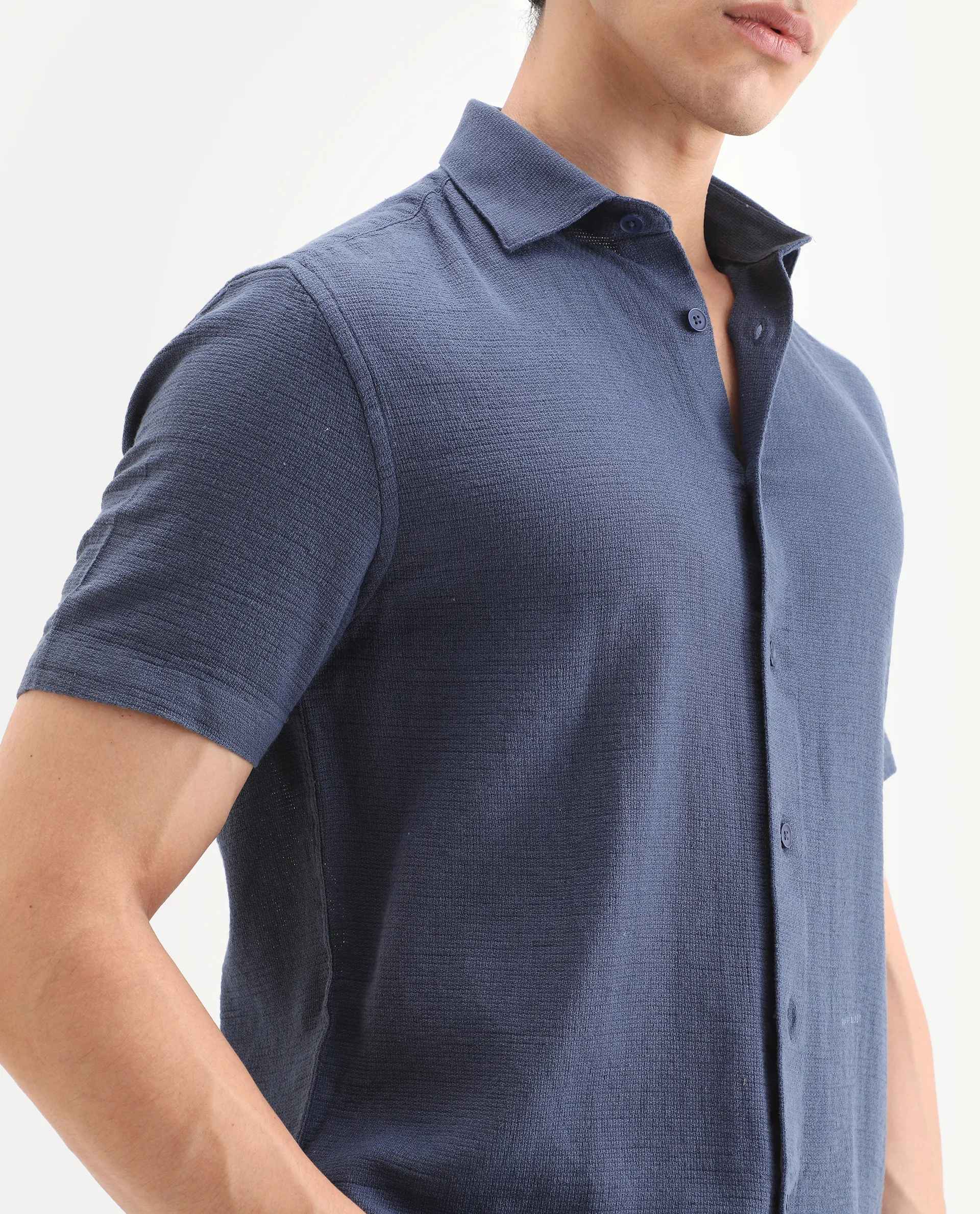 Rare Rabbit Men's Rends Dark Blue Cotton Fabric Half Sleeve Spread Collar Regular Fit Textured Shirt - Image 4