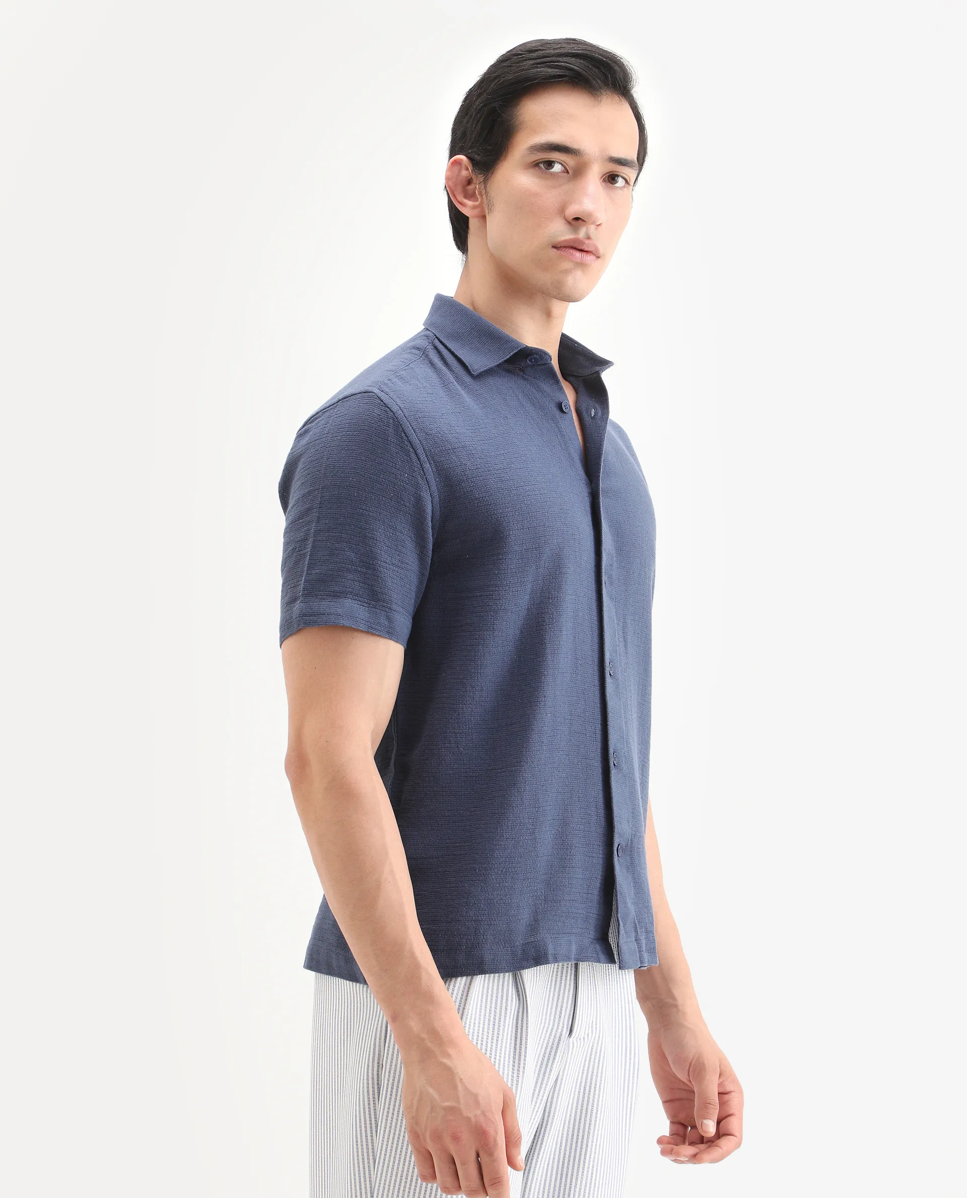 Rare Rabbit Men's Rends Dark Blue Cotton Fabric Half Sleeve Spread Collar Regular Fit Textured Shirt - Image 5