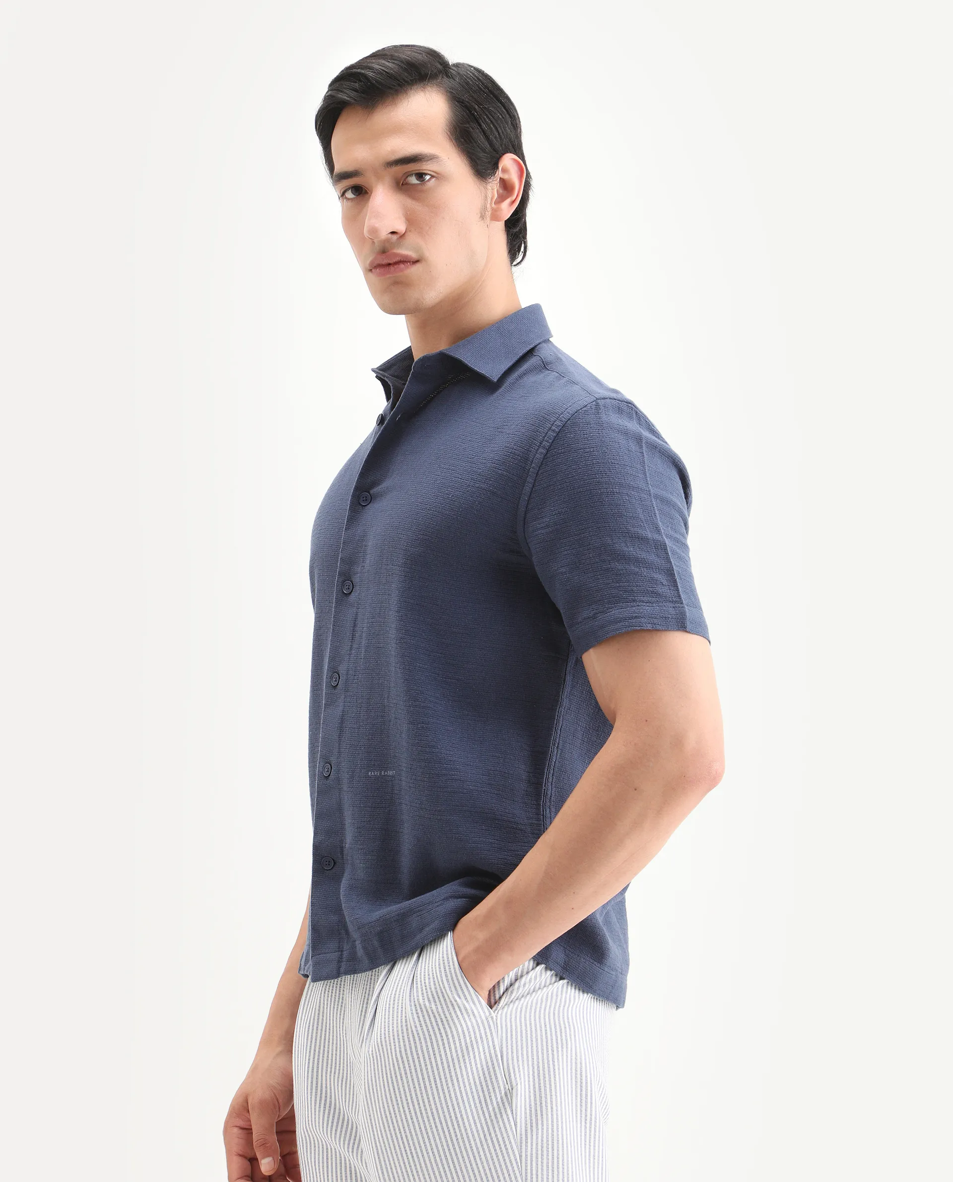 Rare Rabbit Men's Rends Dark Blue Cotton Fabric Half Sleeve Spread Collar Regular Fit Textured Shirt - Image 6