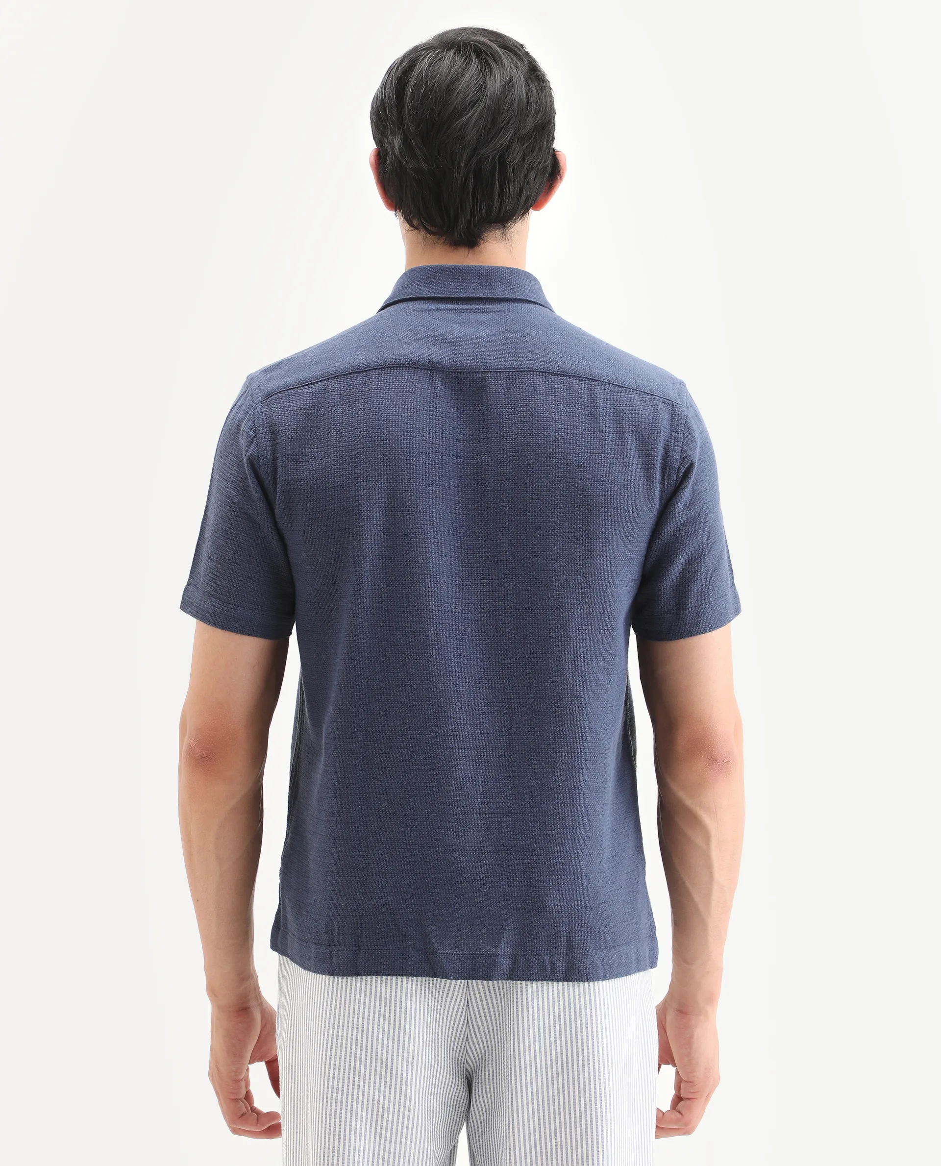 Rare Rabbit Men's Rends Dark Blue Cotton Fabric Half Sleeve Spread Collar Regular Fit Textured Shirt - Image 7
