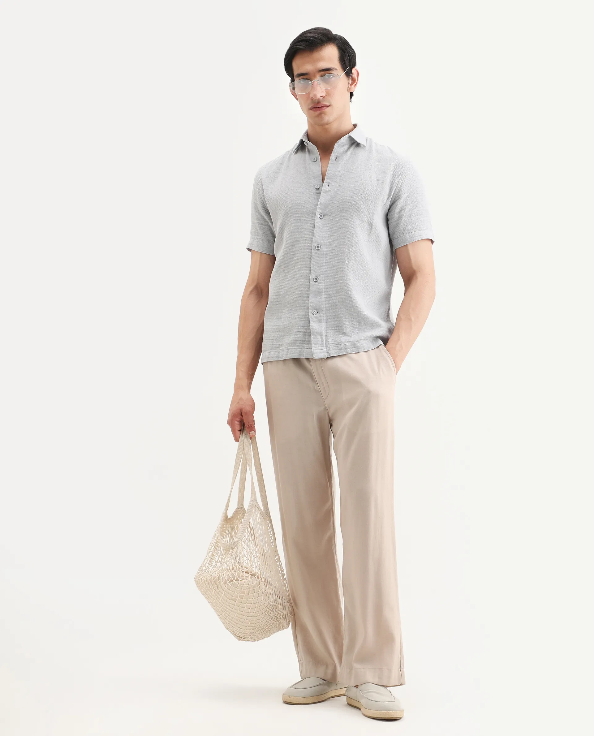 Rare Rabbit Men's Rends Light Grey Cotton Fabric Half Sleeve Spread Collar Regular Fit Textured Shirt - Image 2