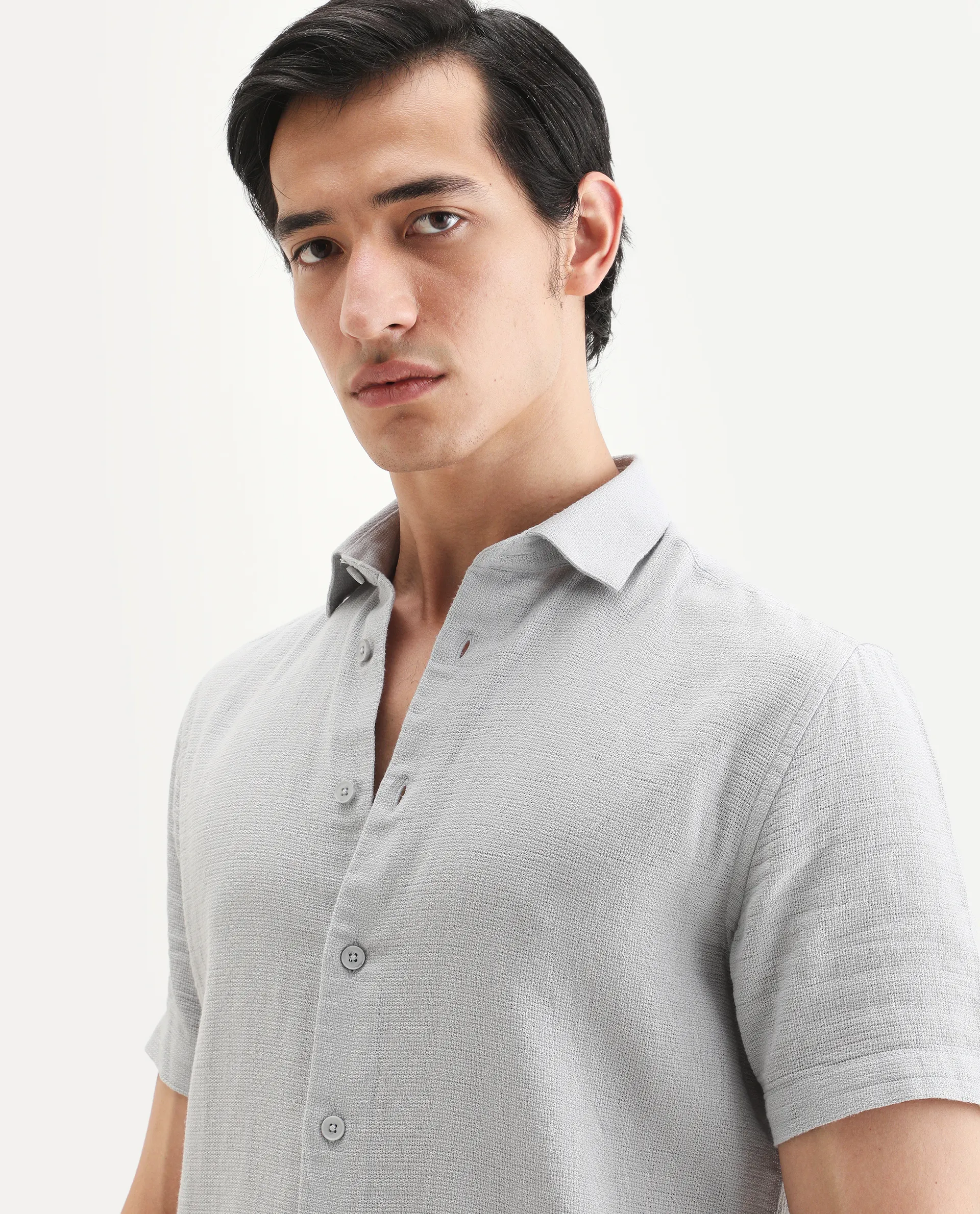 Rare Rabbit Men's Rends Light Grey Cotton Fabric Half Sleeve Spread Collar Regular Fit Textured Shirt - Image 3