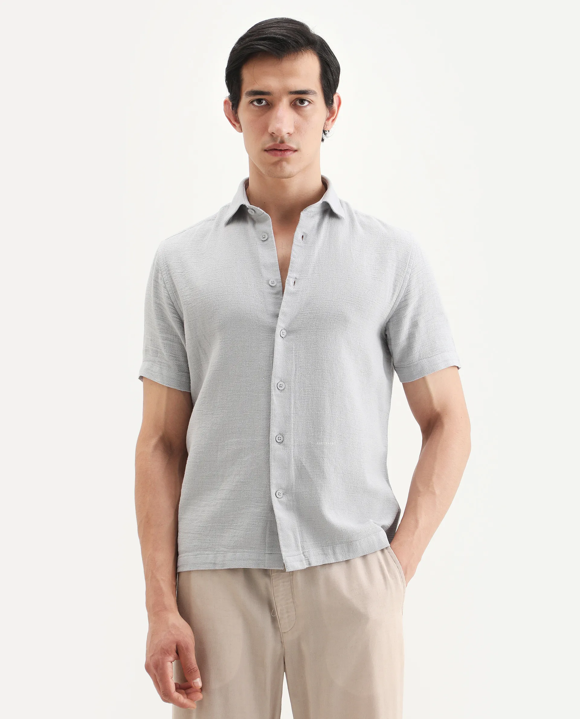 Rare Rabbit Men's Rends Light Grey Cotton Fabric Half Sleeve Spread Collar Regular Fit Textured Shirt - Image 4