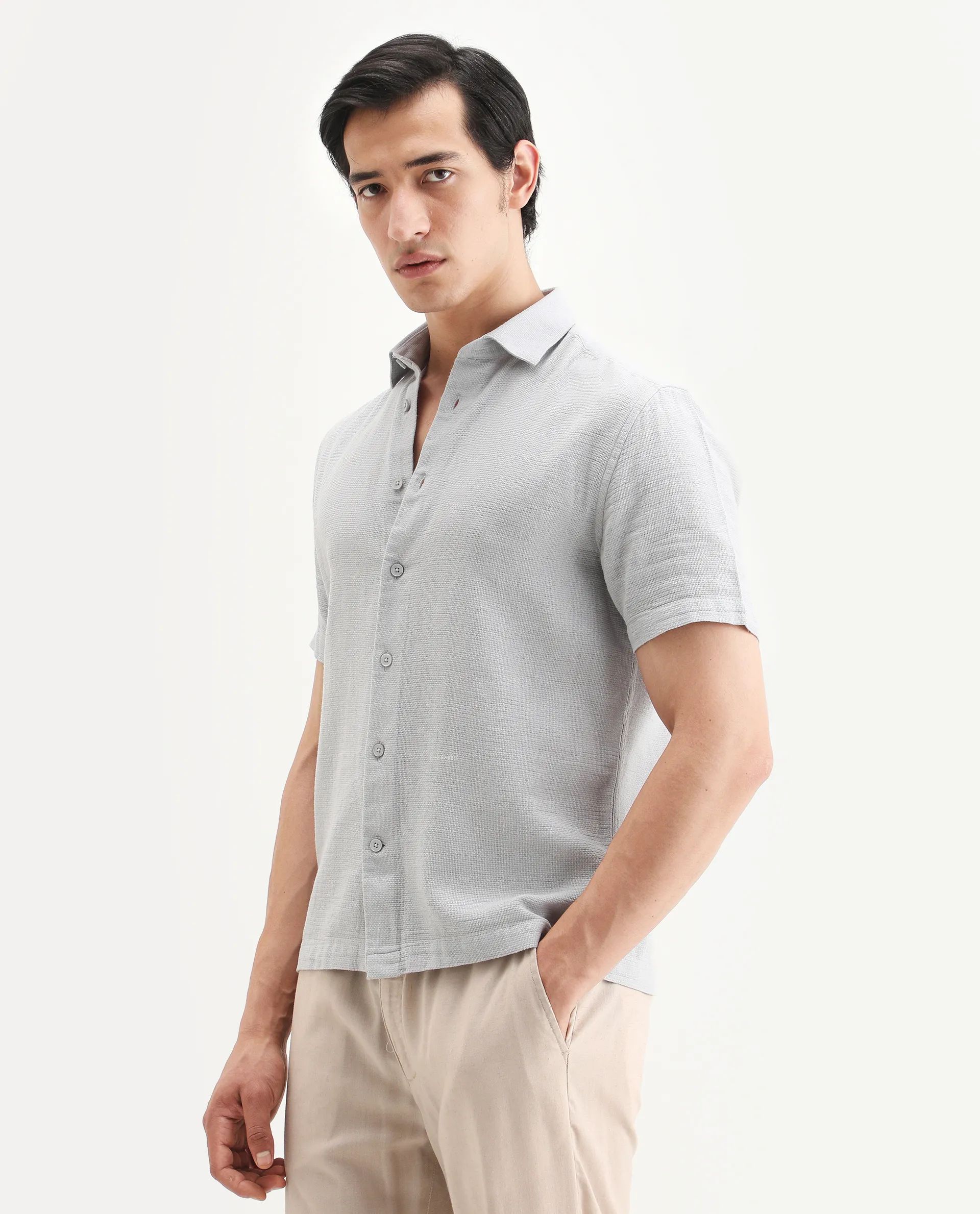 Rare Rabbit Men's Rends Light Grey Cotton Fabric Half Sleeve Spread Collar Regular Fit Textured Shirt - Image 5