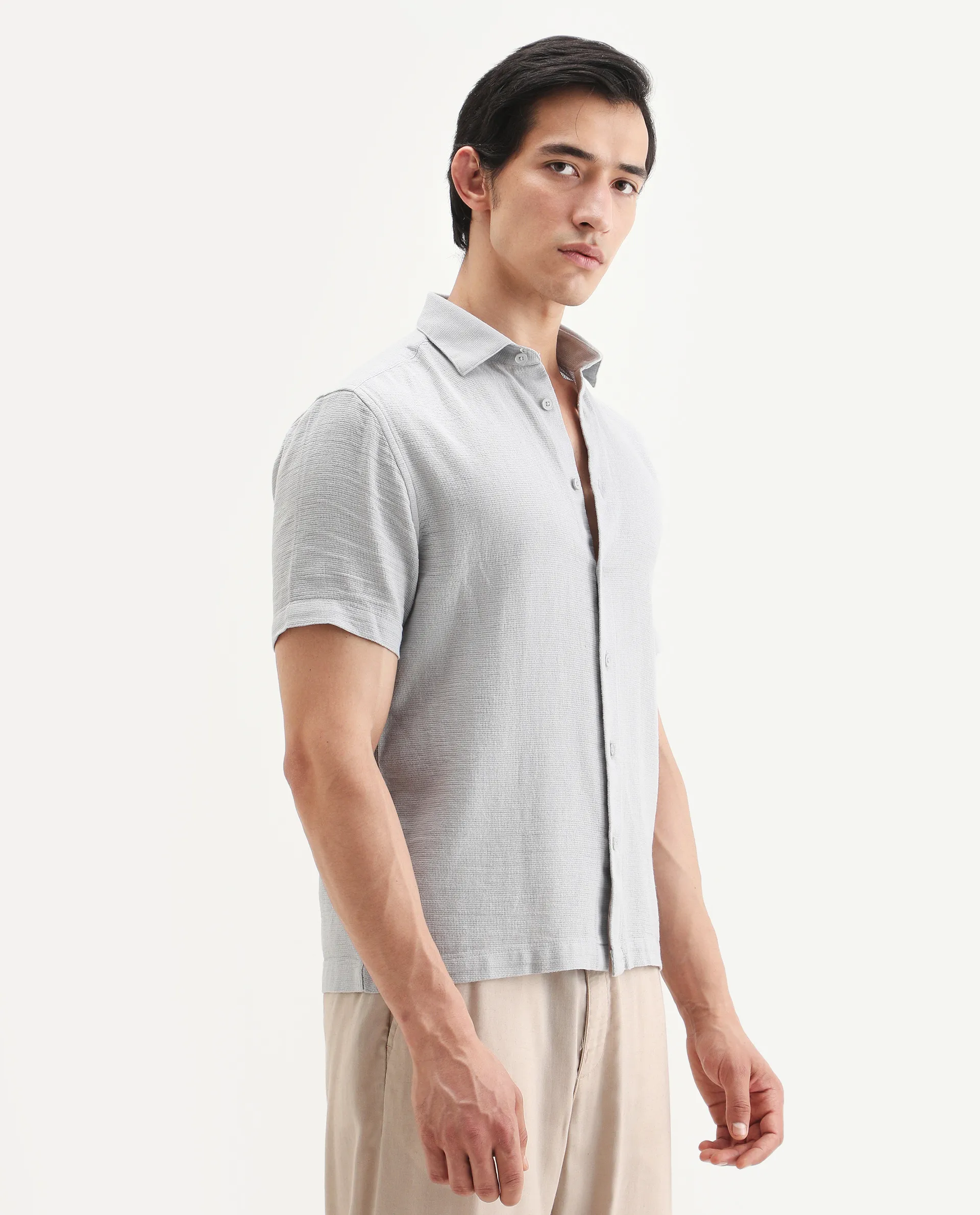 Rare Rabbit Men's Rends Light Grey Cotton Fabric Half Sleeve Spread Collar Regular Fit Textured Shirt - Image 6