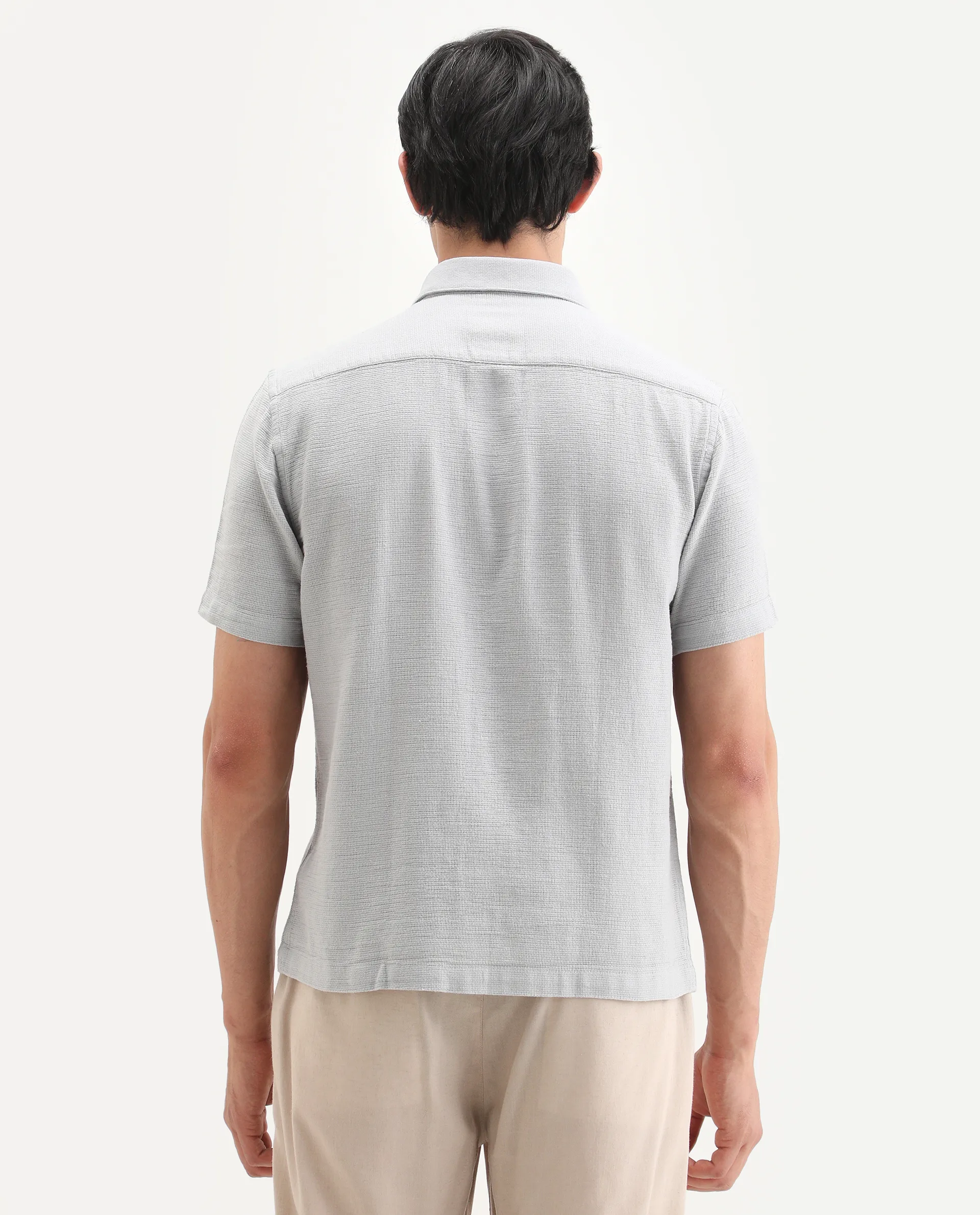 Rare Rabbit Men's Rends Light Grey Cotton Fabric Half Sleeve Spread Collar Regular Fit Textured Shirt - Image 7