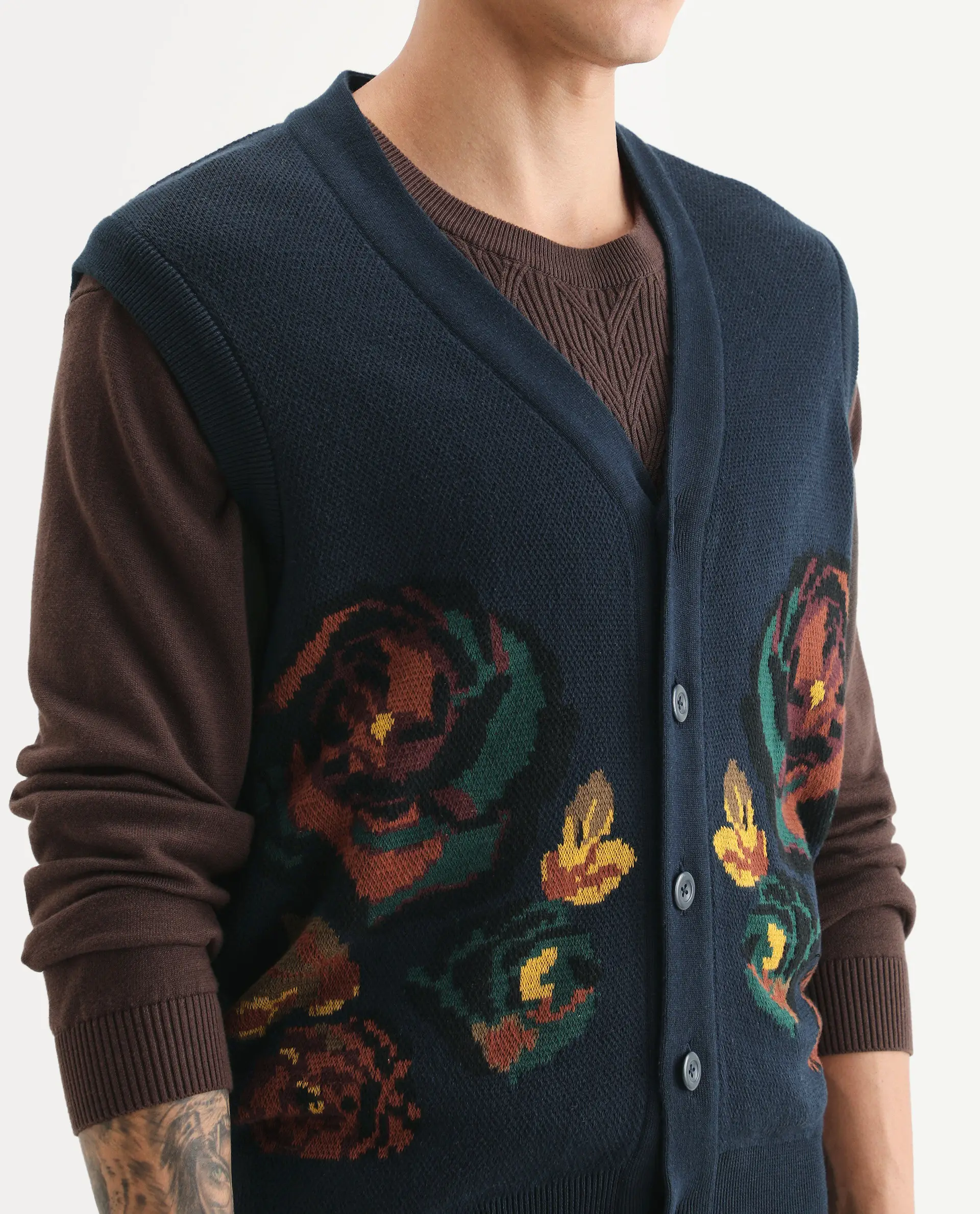 Rare Rabbit Men's Rene Dark Navy Cotton Fabric Sleeveless V-Neck Embroidered Sweater - Image 3