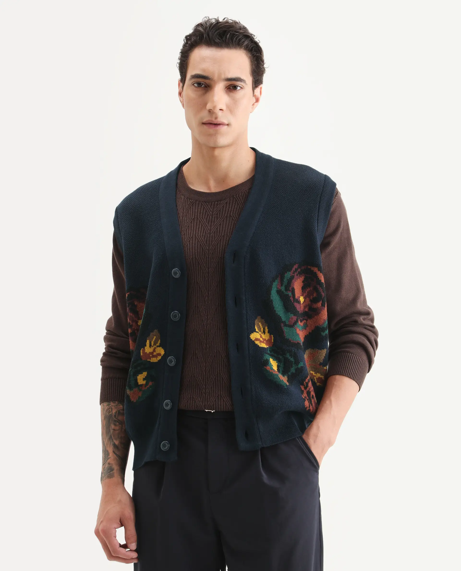 Rare Rabbit Men's Rene Dark Navy Cotton Fabric Sleeveless V-Neck Embroidered Sweater - Image 4