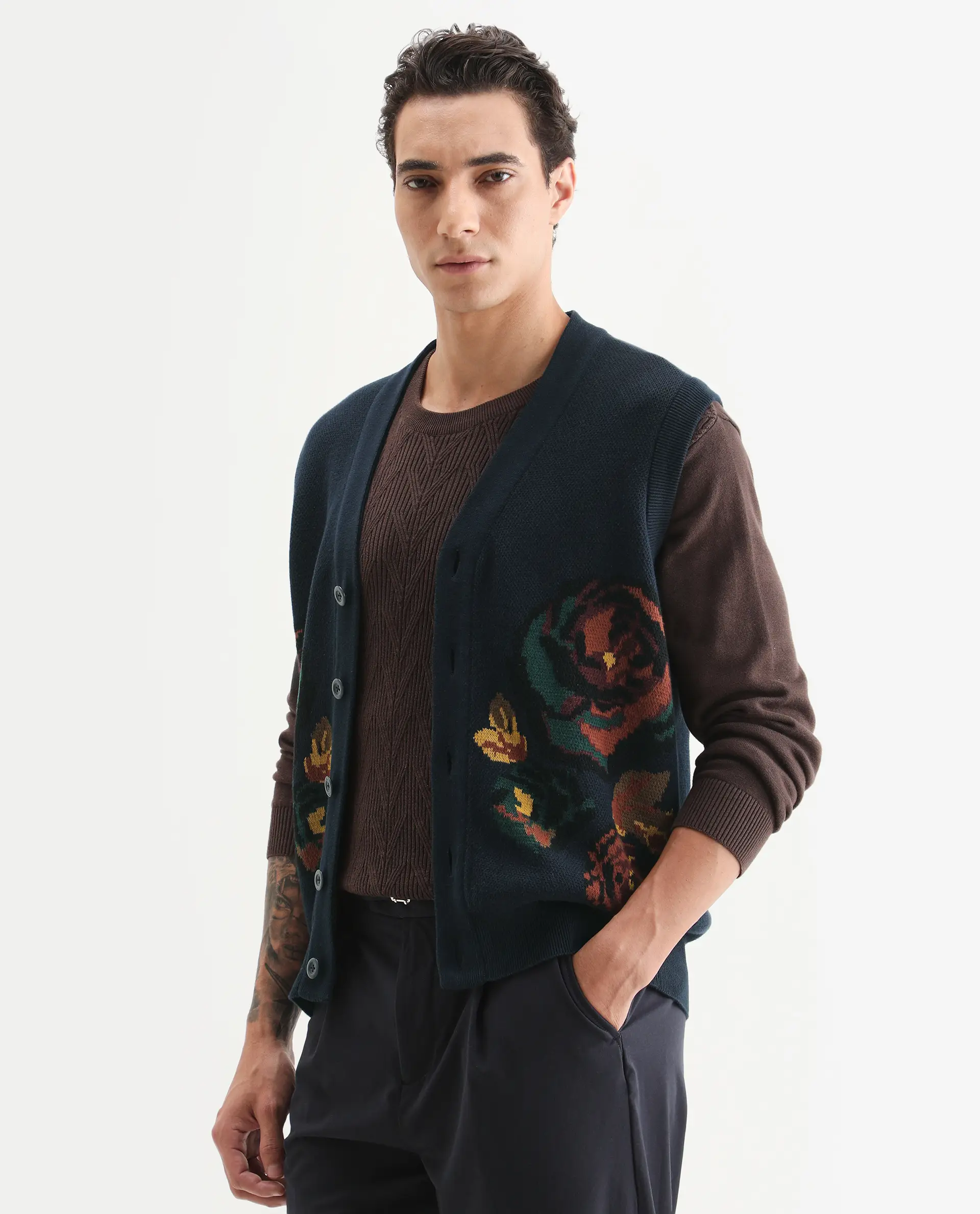 Rare Rabbit Men's Rene Dark Navy Cotton Fabric Sleeveless V-Neck Embroidered Sweater - Image 5