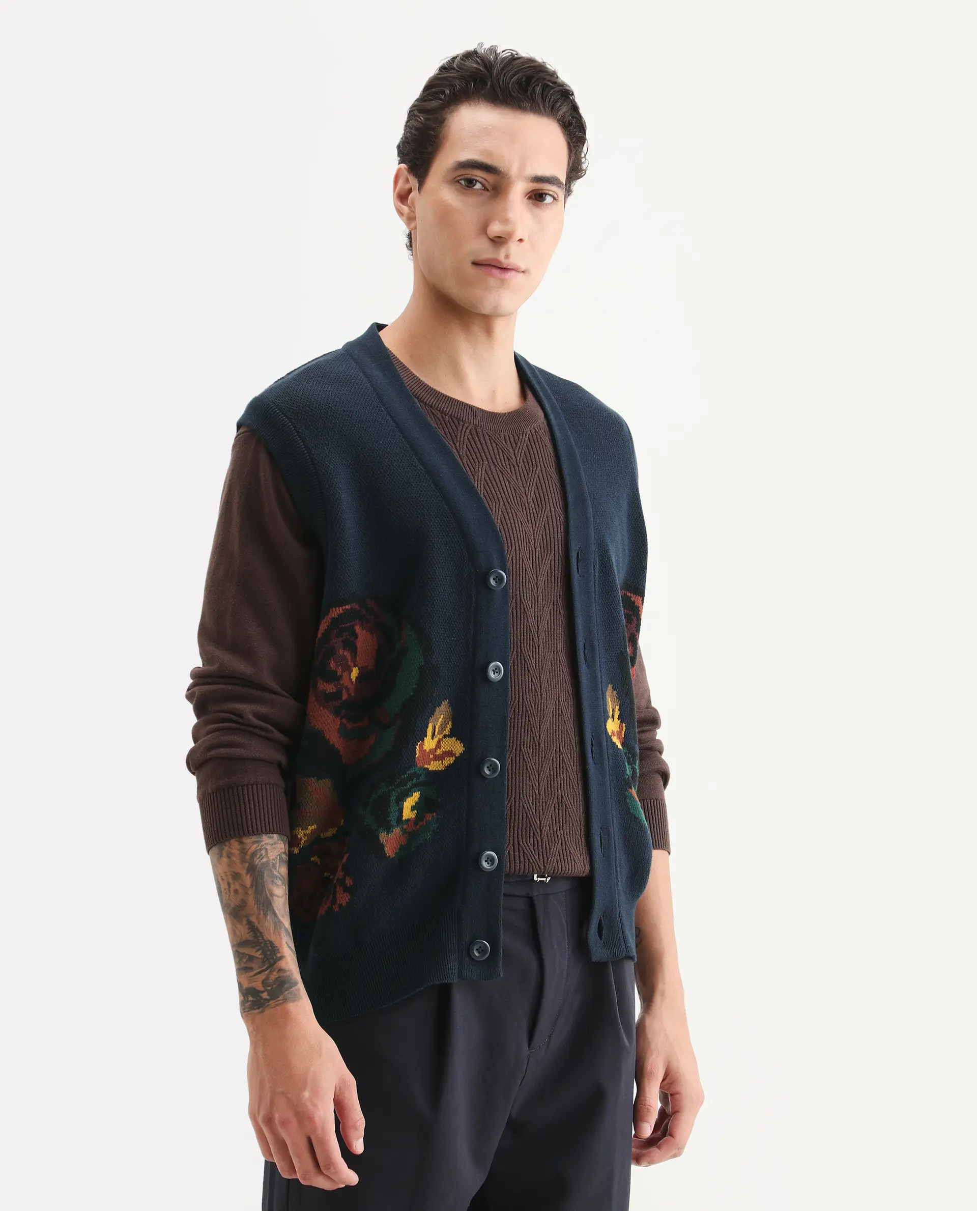 Rare Rabbit Men's Rene Dark Navy Cotton Fabric Sleeveless V-Neck Embroidered Sweater - Image 6