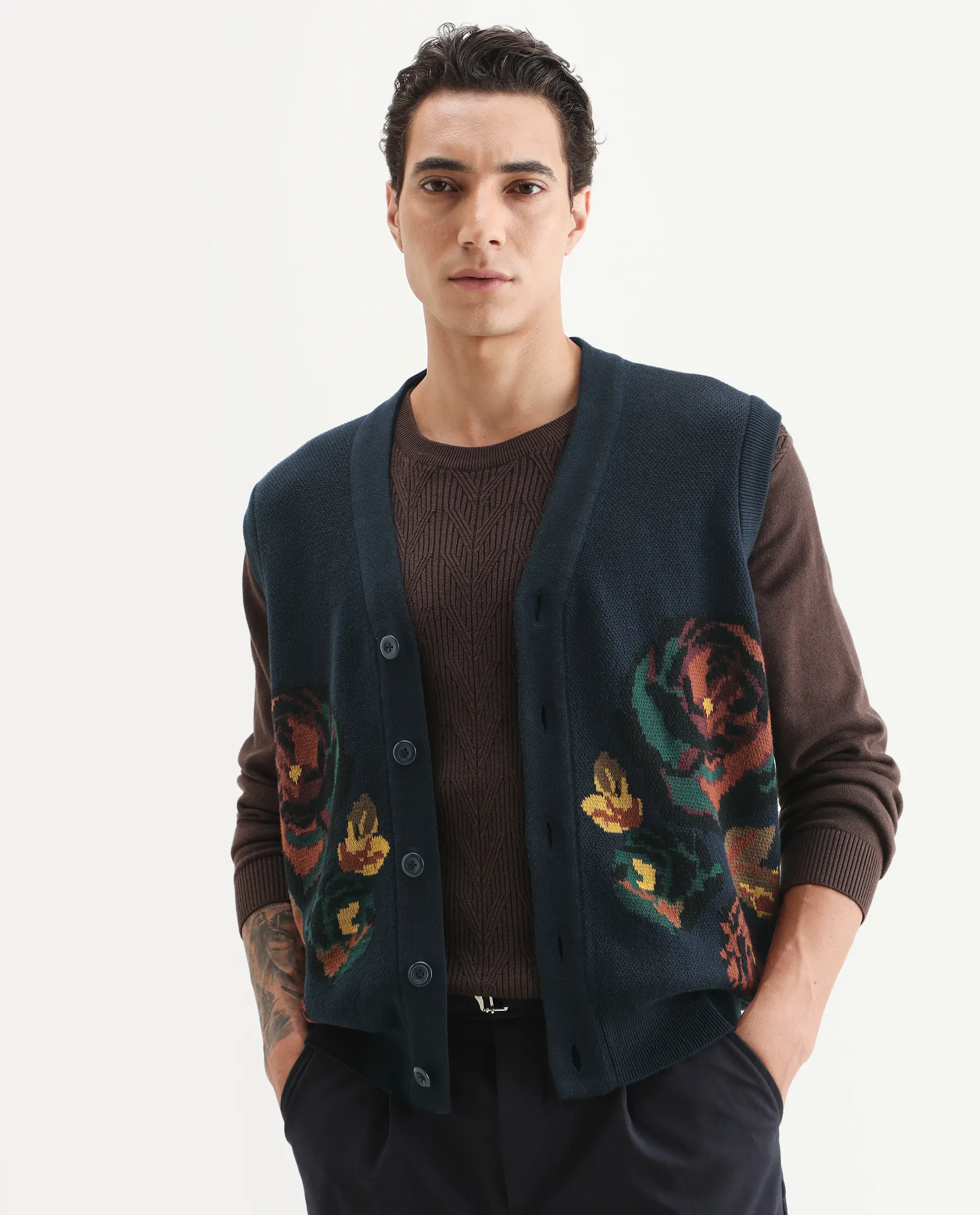 Rare Rabbit Men's Rene Dark Navy Cotton Fabric Sleeveless V-Neck Embroidered Sweater - Image 7