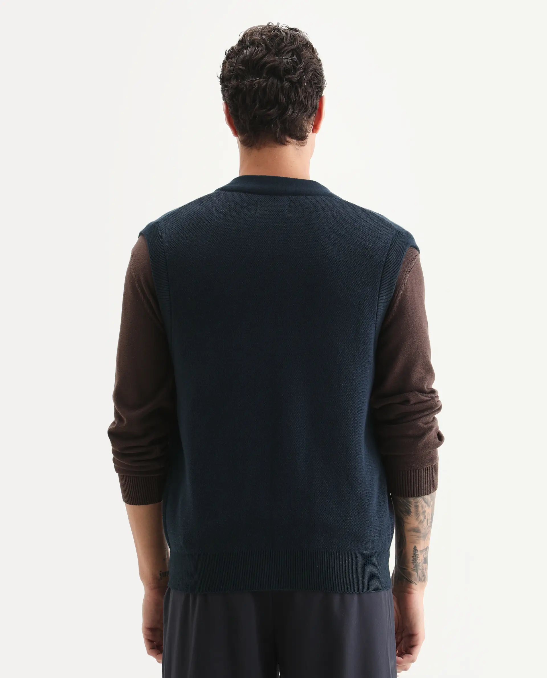 Rare Rabbit Men's Rene Dark Navy Cotton Fabric Sleeveless V-Neck Embroidered Sweater - Image 8