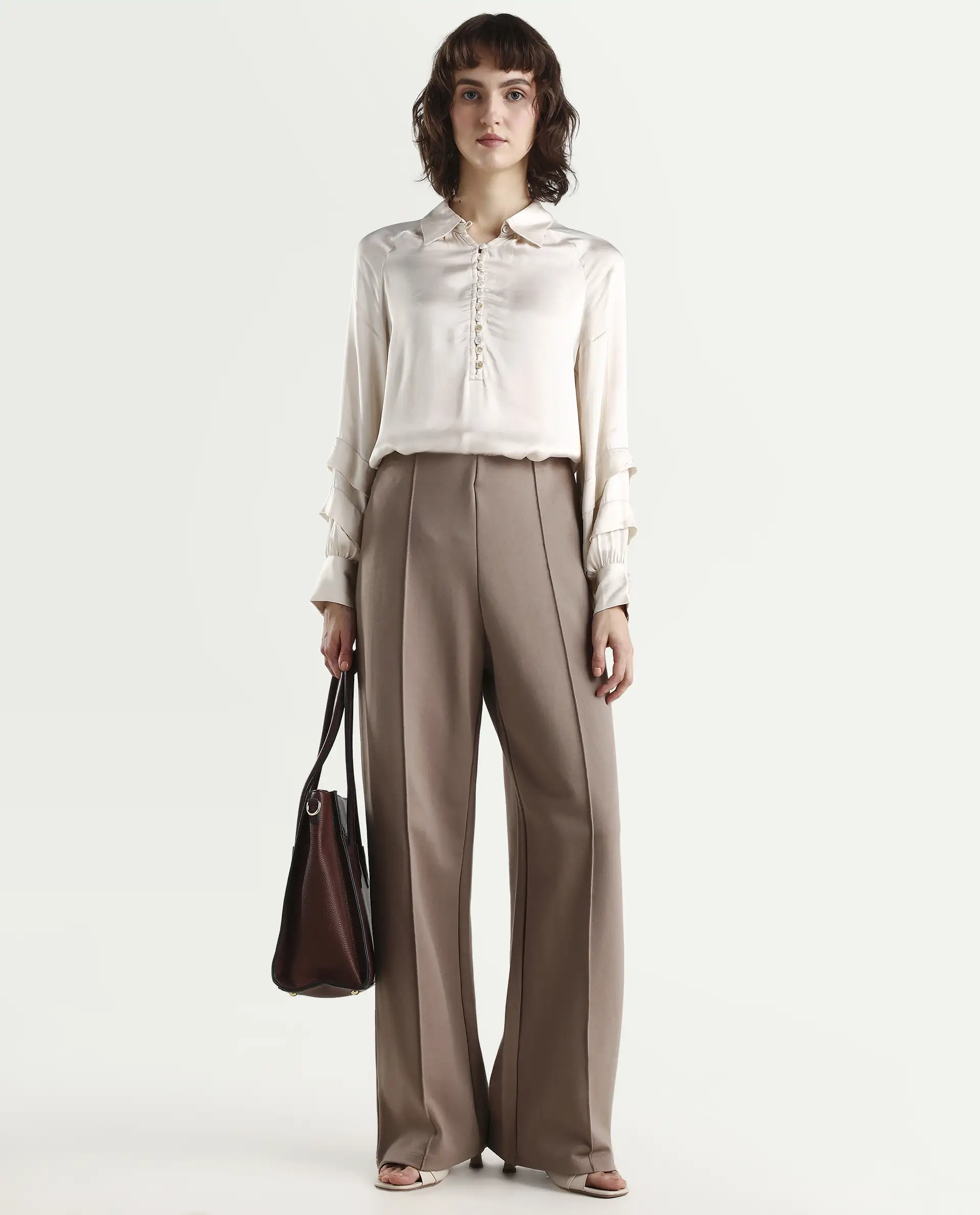 Rareism Women's Renee Beige Viscose Spread Collar Plain Bishop Sleeve Relaxed Fit Top - Image 2
