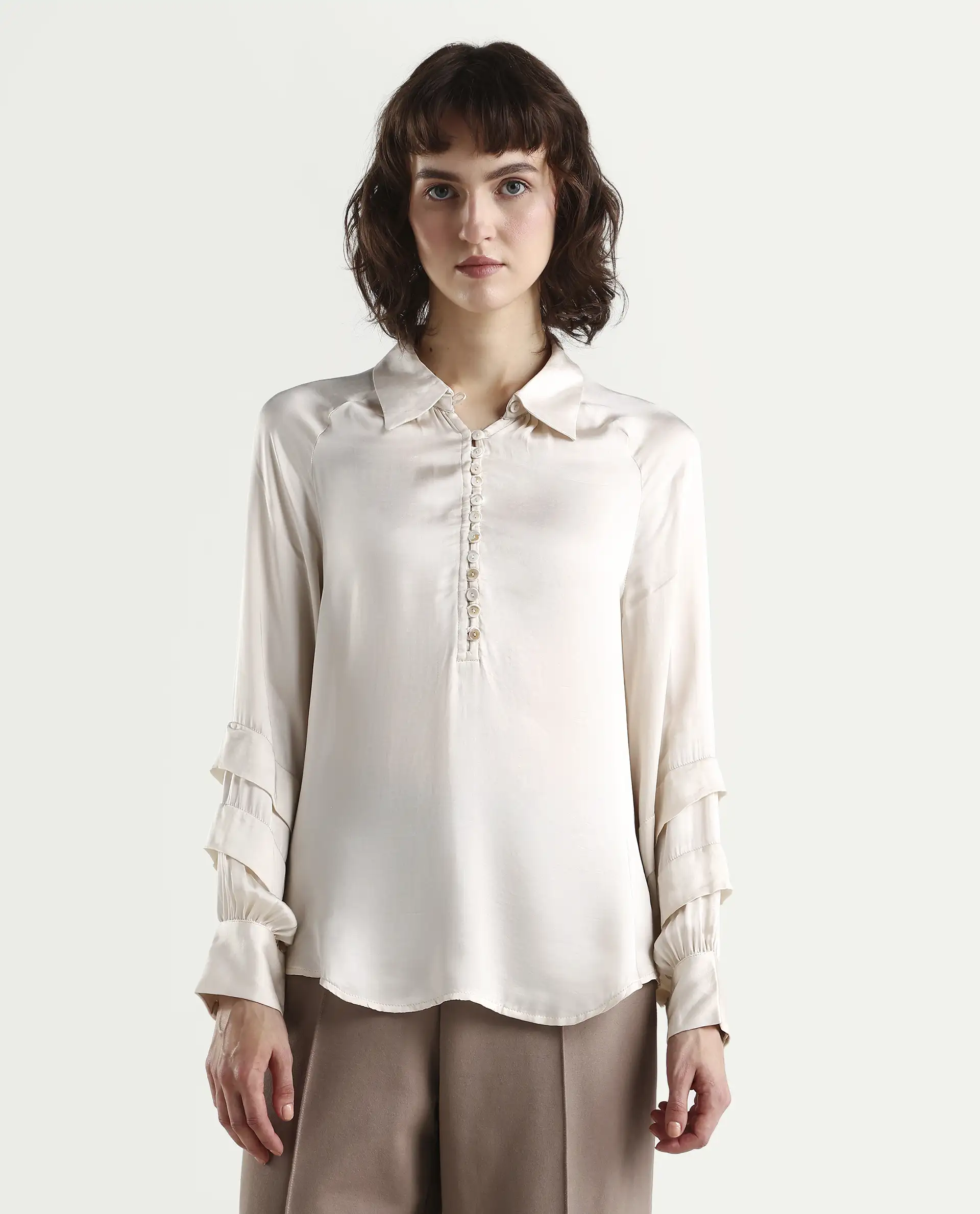 Rareism Women's Renee Beige Viscose Spread Collar Plain Bishop Sleeve Relaxed Fit Top - Image 3