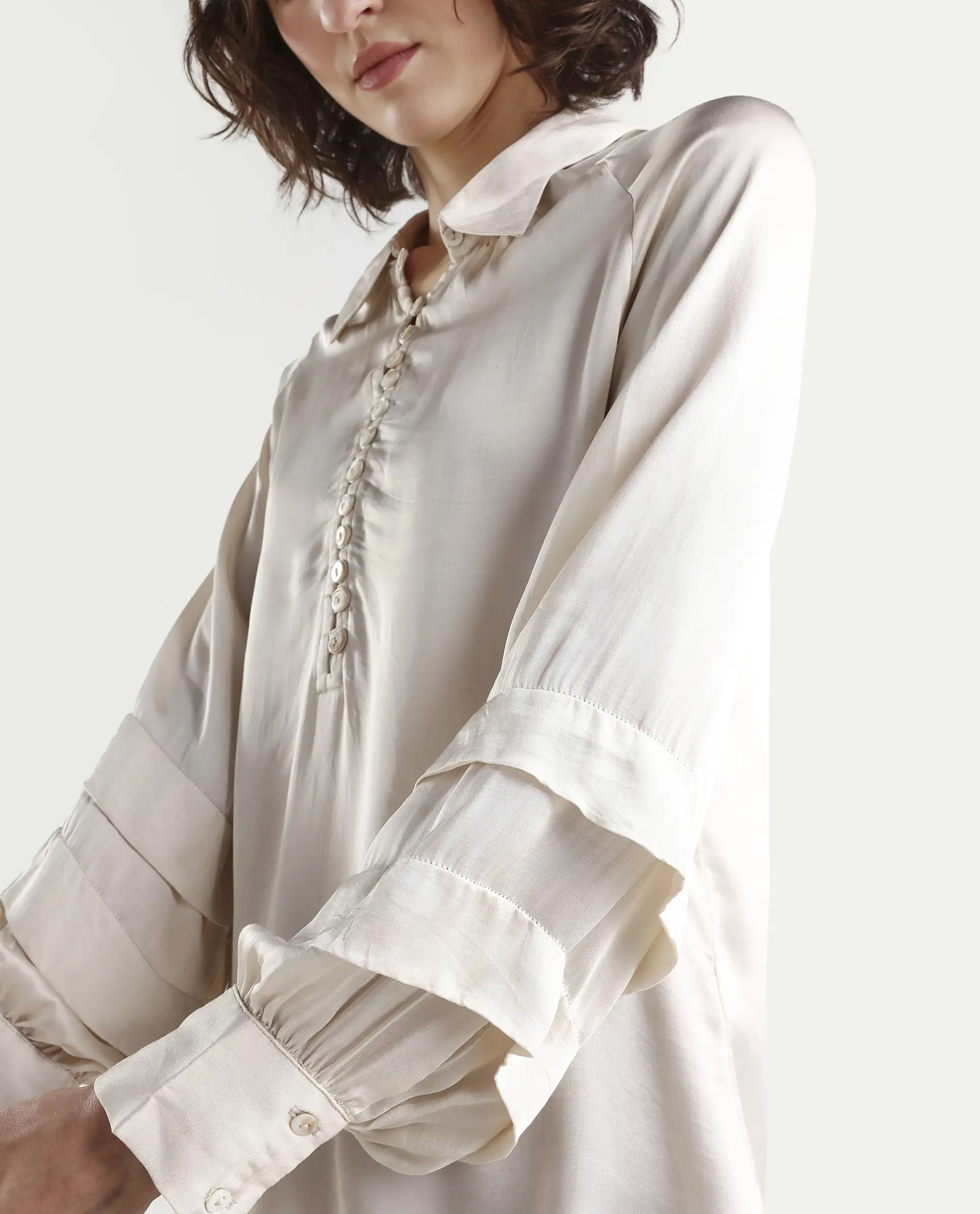 Rareism Women's Renee Beige Viscose Spread Collar Plain Bishop Sleeve Relaxed Fit Top - Image 4