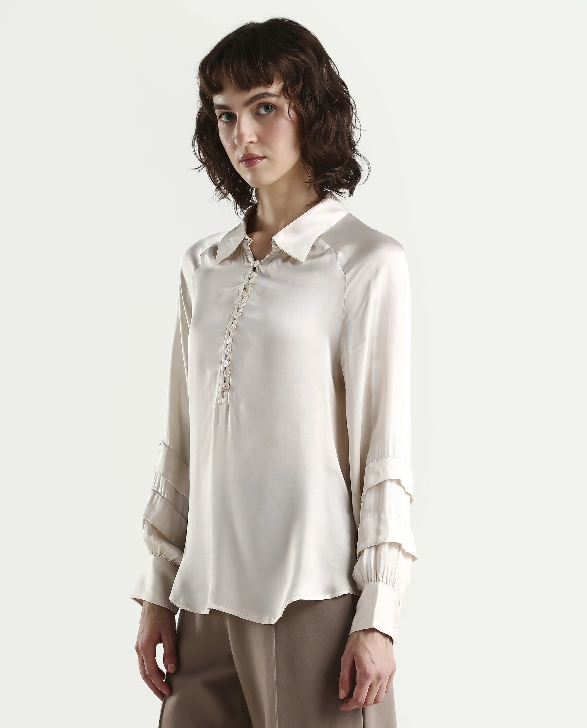 Rareism Women's Renee Beige Viscose Spread Collar Plain Bishop Sleeve Relaxed Fit Top - Image 5