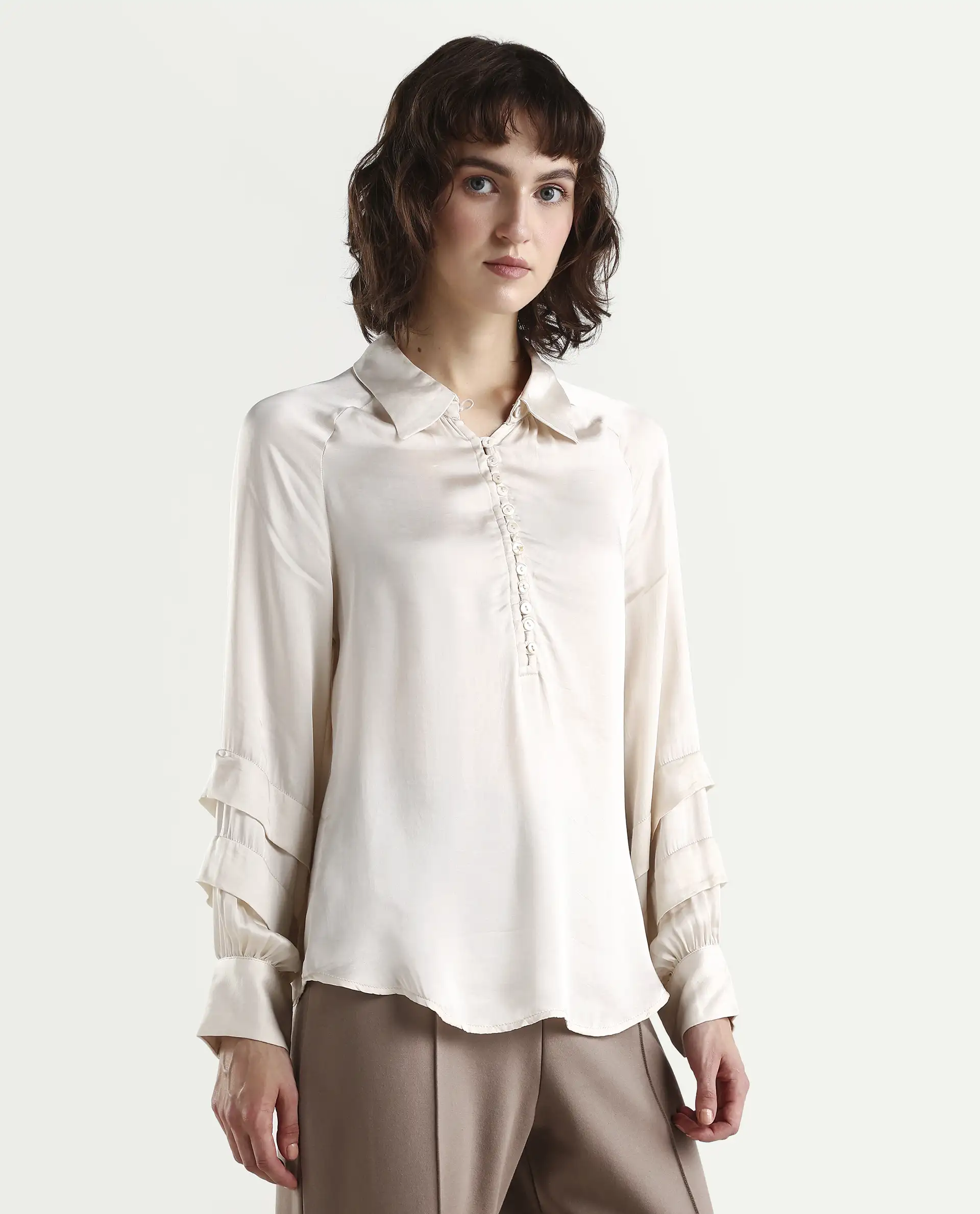 Rareism Women's Renee Beige Viscose Spread Collar Plain Bishop Sleeve Relaxed Fit Top - Image 6