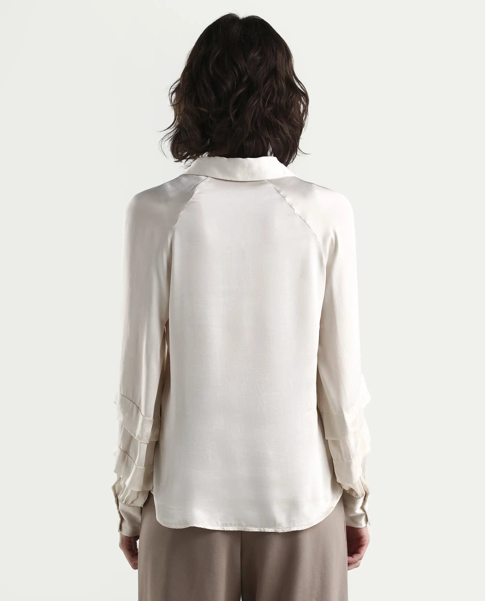 Rareism Women's Renee Beige Viscose Spread Collar Plain Bishop Sleeve Relaxed Fit Top - Image 7