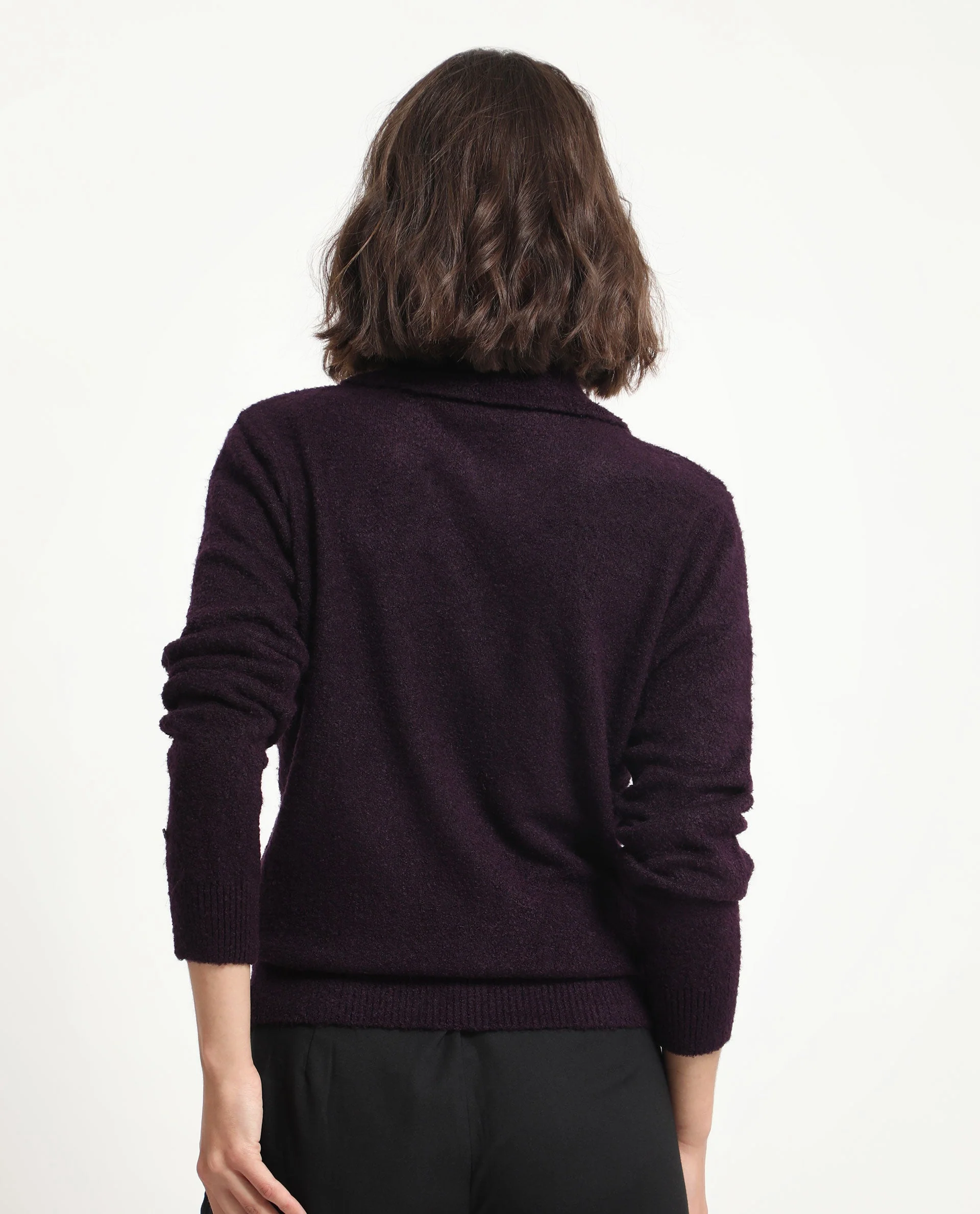 Rareism Women's Reni Dark Purple Acrylic Overlap Neck Plain Regular Fit Sweater - Image 10