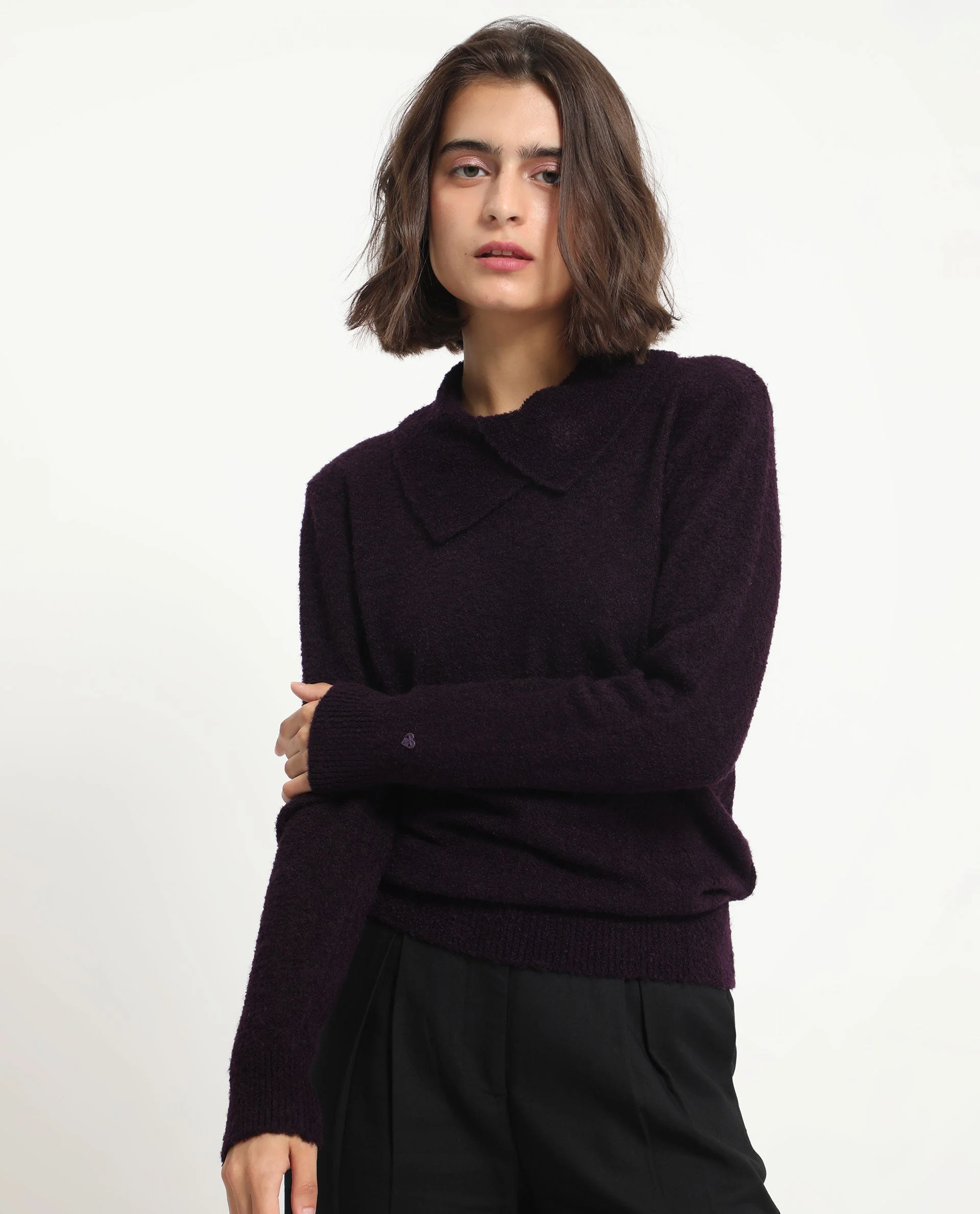 Rareism Women's Reni Dark Purple Acrylic Overlap Neck Plain Regular Fit Sweater - Image 2