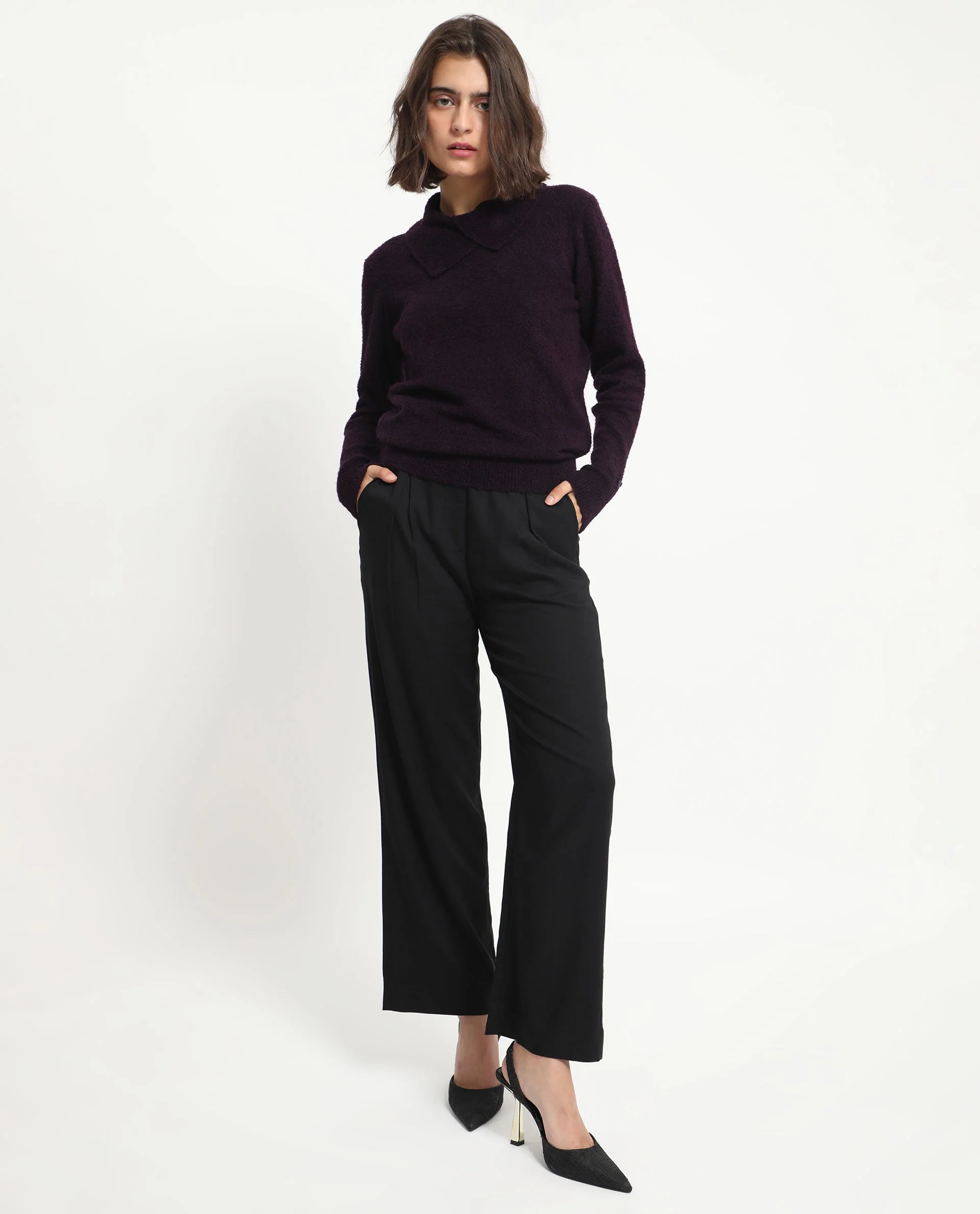 Rareism Women's Reni Dark Purple Acrylic Overlap Neck Plain Regular Fit Sweater - Image 3