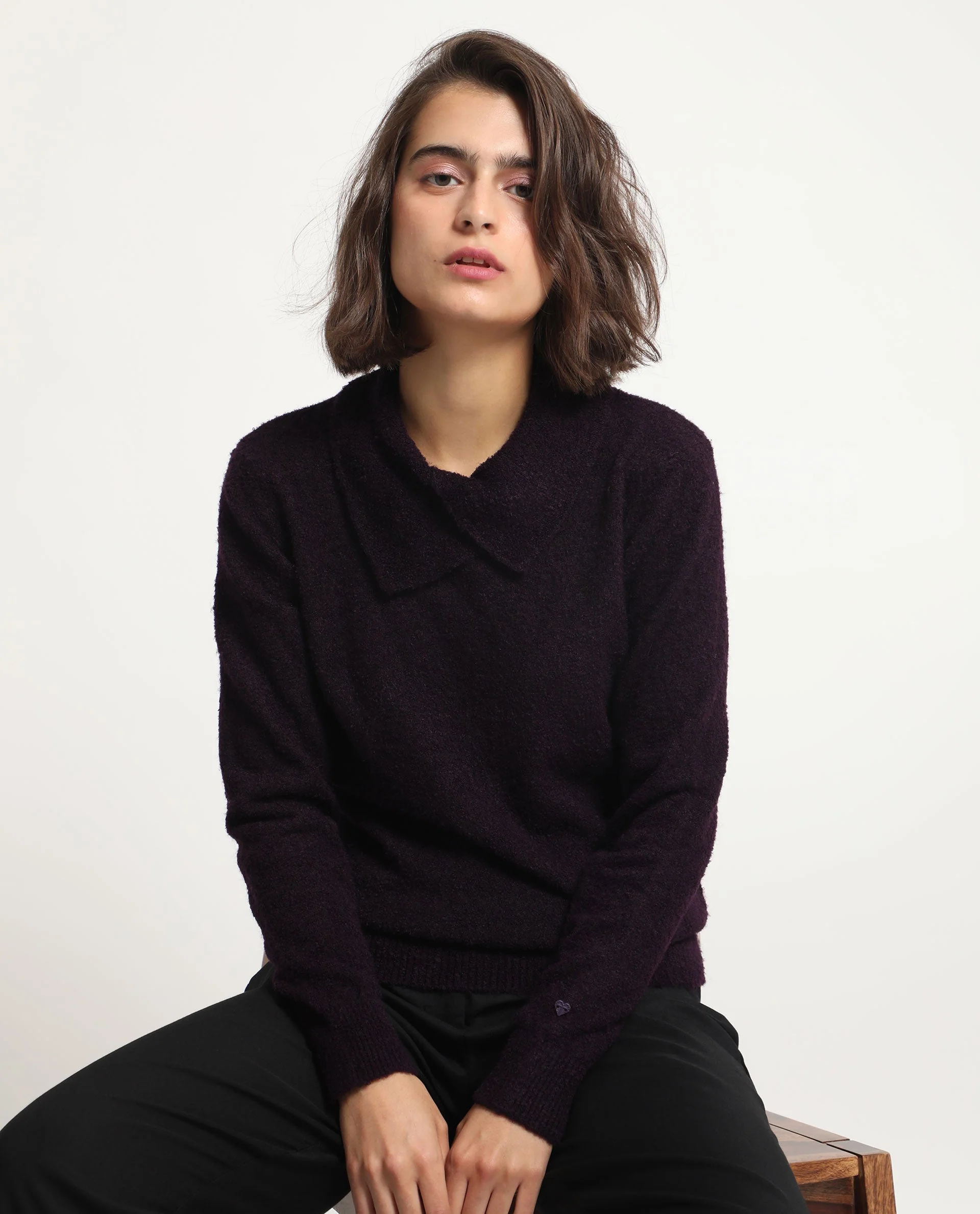 Rareism Women's Reni Dark Purple Acrylic Overlap Neck Plain Regular Fit Sweater - Image 4
