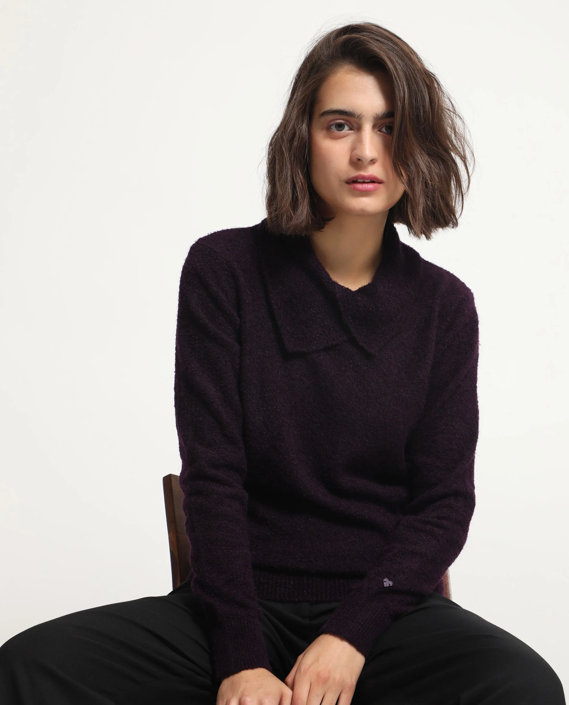 Rareism Women's Reni Dark Purple Acrylic Overlap Neck Plain Regular Fit Sweater - Image 5