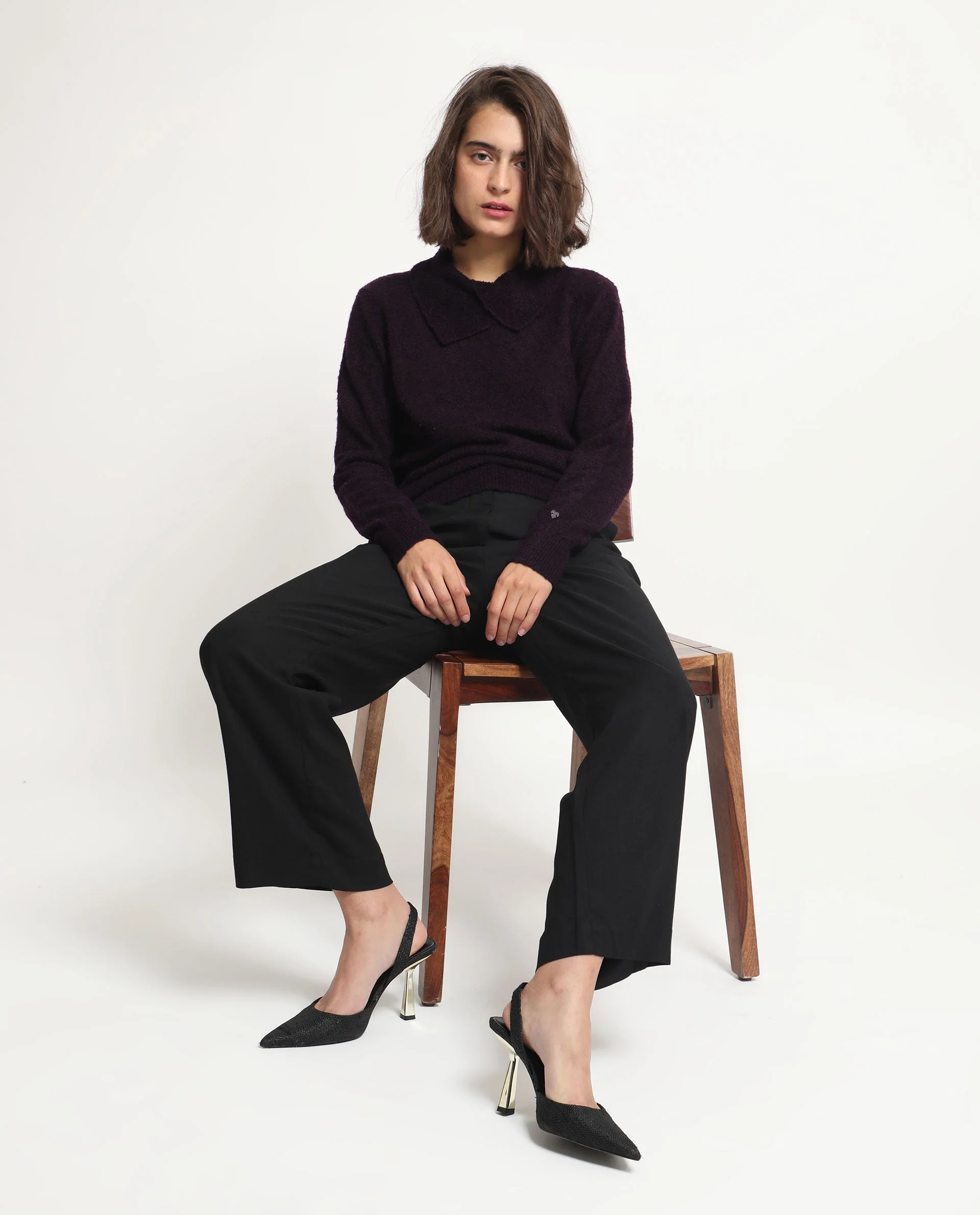 Rareism Women's Reni Dark Purple Acrylic Overlap Neck Plain Regular Fit Sweater - Image 6