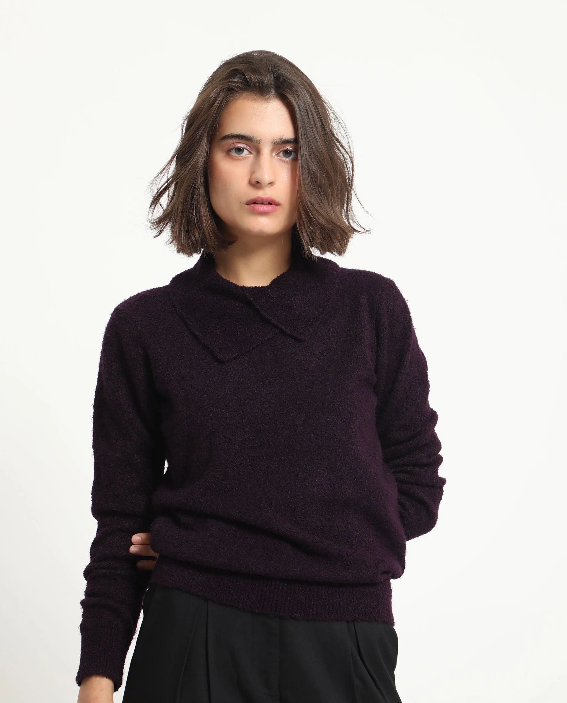 Rareism Women's Reni Dark Purple Acrylic Overlap Neck Plain Regular Fit Sweater - Image 7