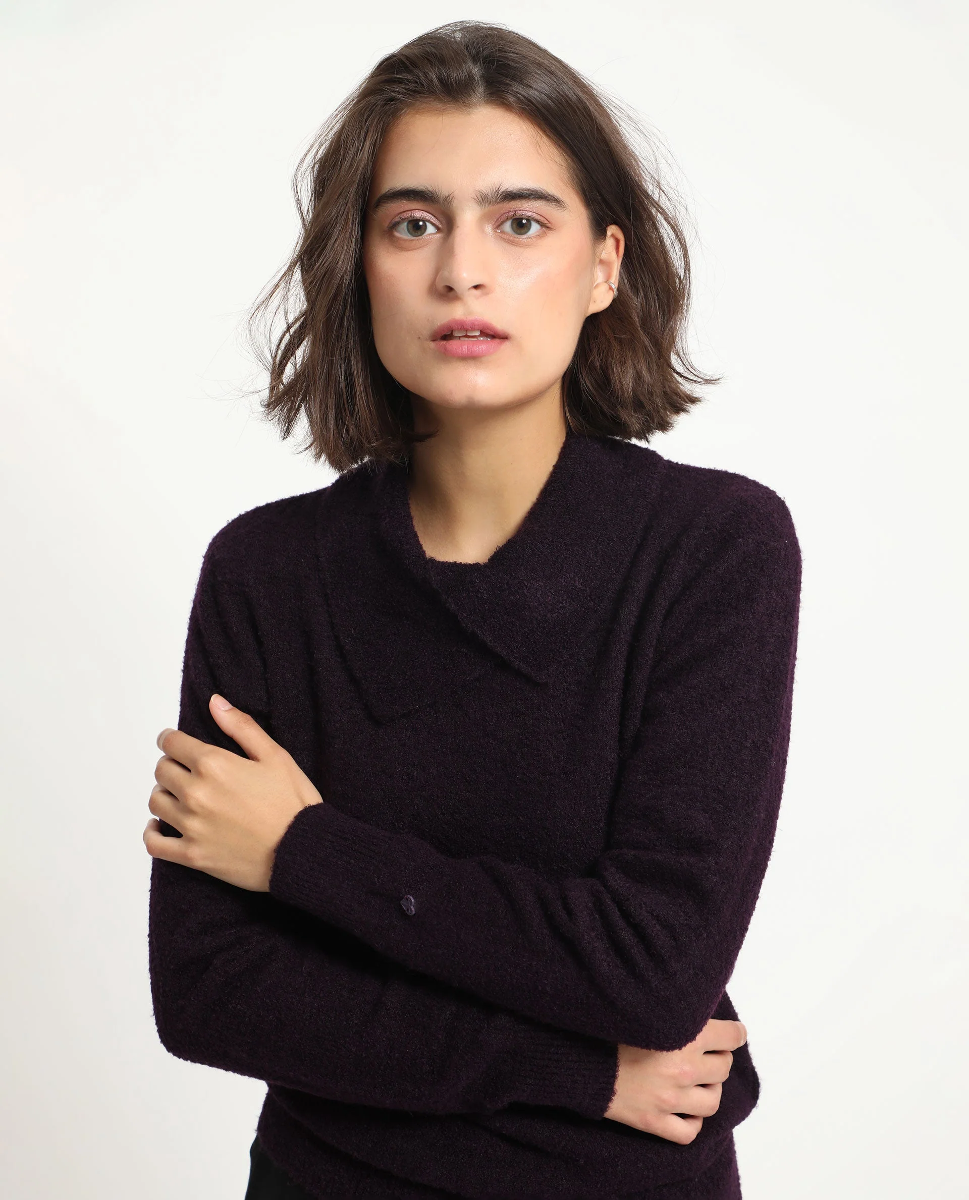 Rareism Women's Reni Dark Purple Acrylic Overlap Neck Plain Regular Fit Sweater - Image 9