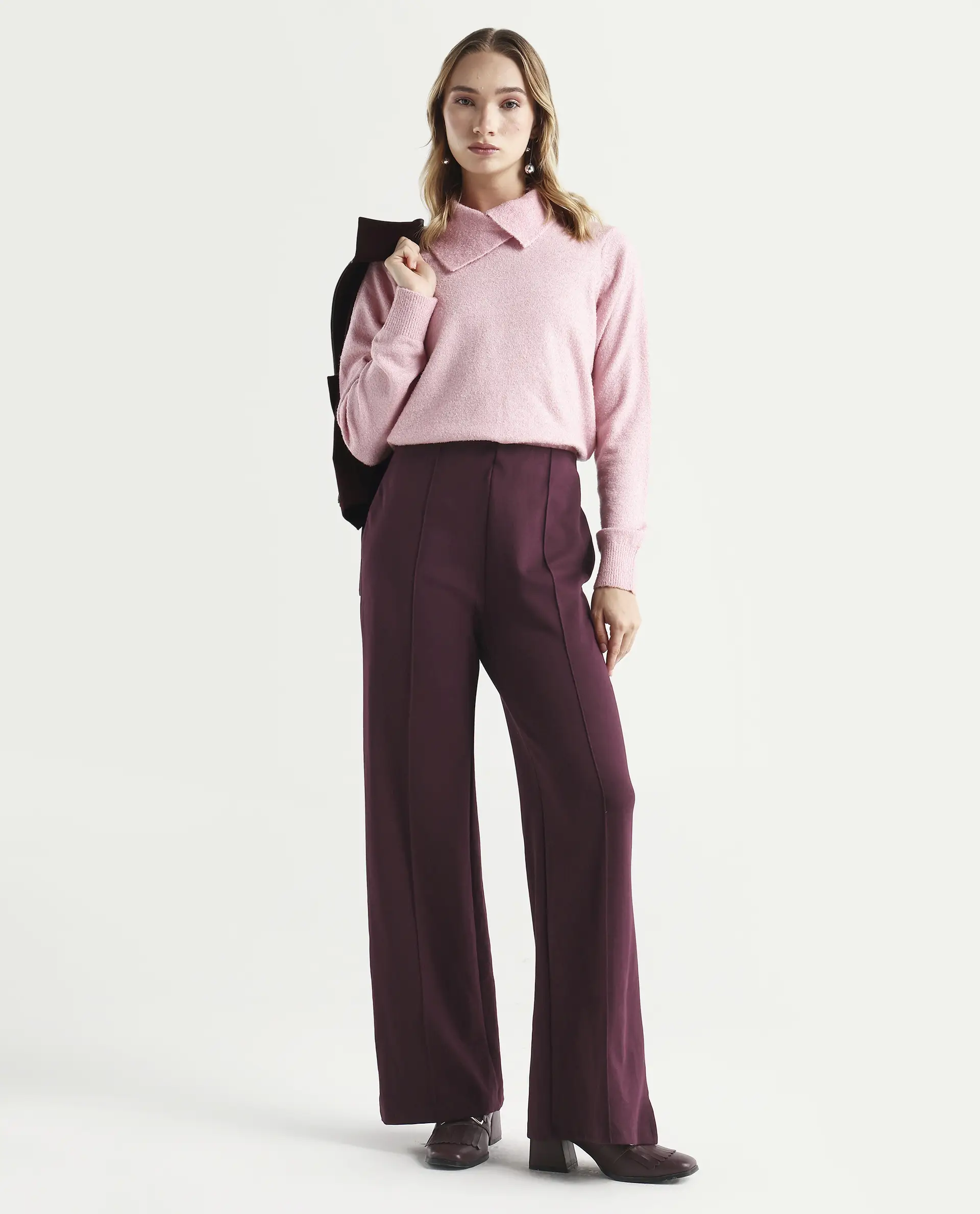 Rareism Women's Reni Pink Acrylic Overlap Neck Plain Regular Fit Sweater - Image 2