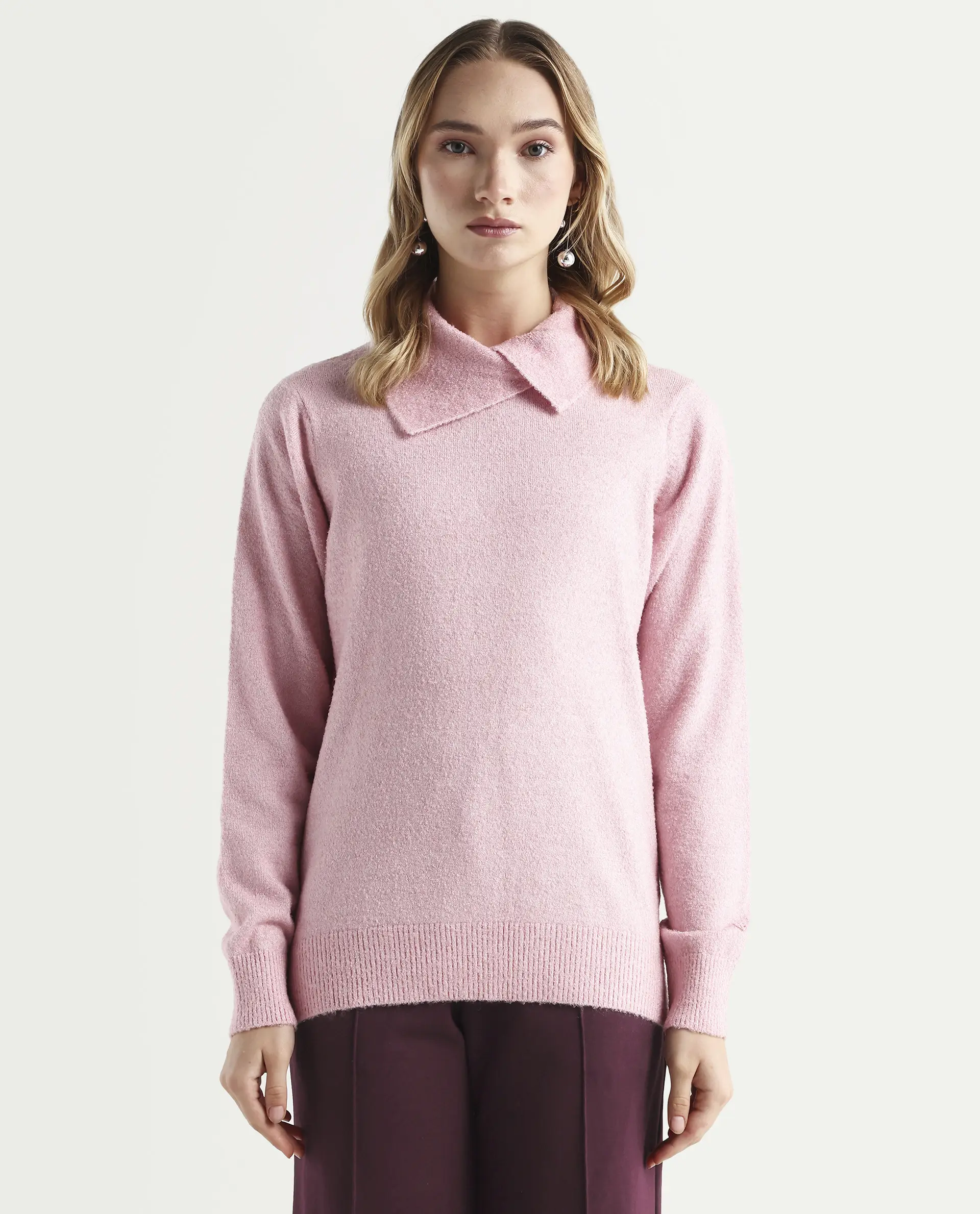 Rareism Women's Reni Pink Acrylic Overlap Neck Plain Regular Fit Sweater - Image 3