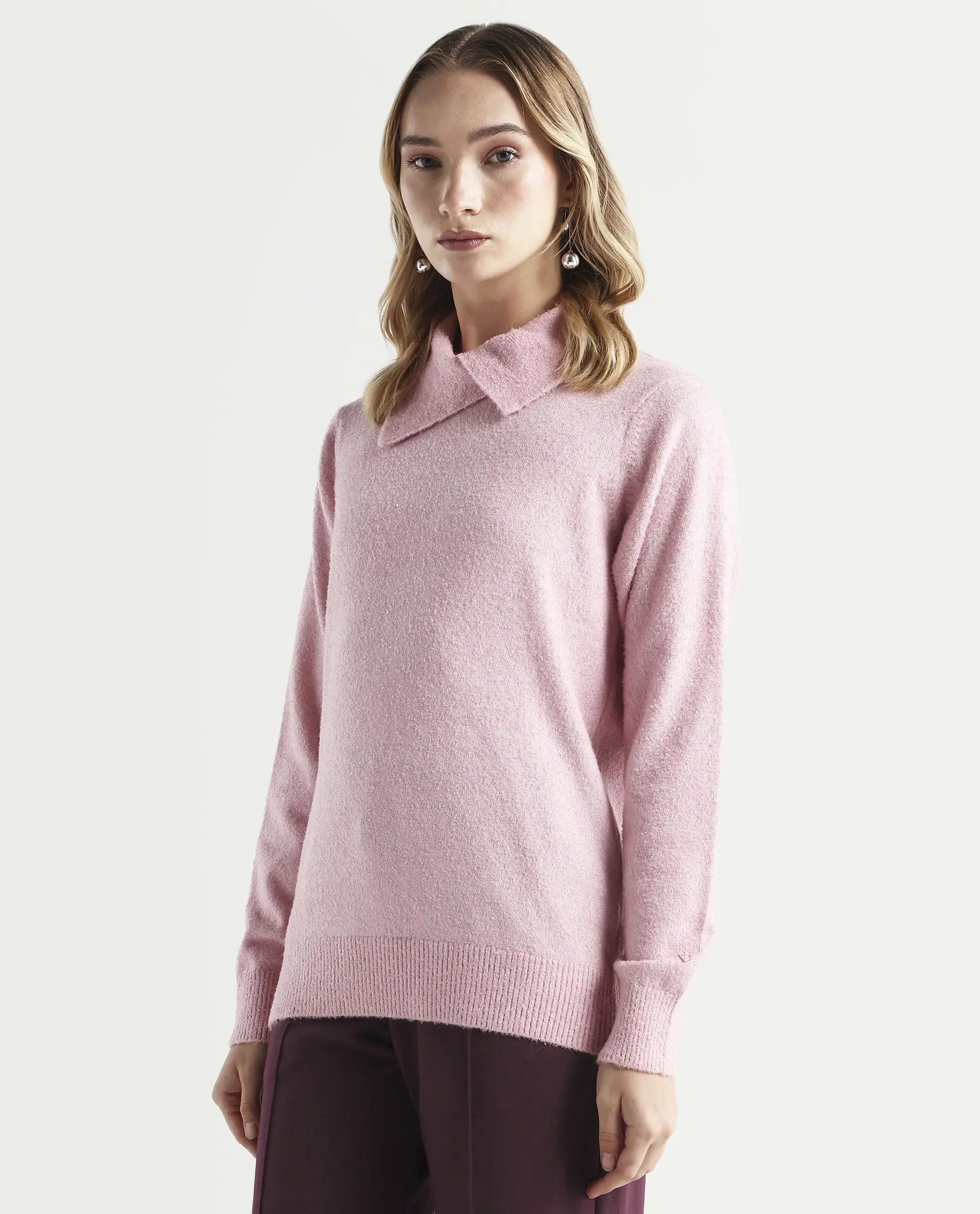 Rareism Women's Reni Pink Acrylic Overlap Neck Plain Regular Fit Sweater - Image 5