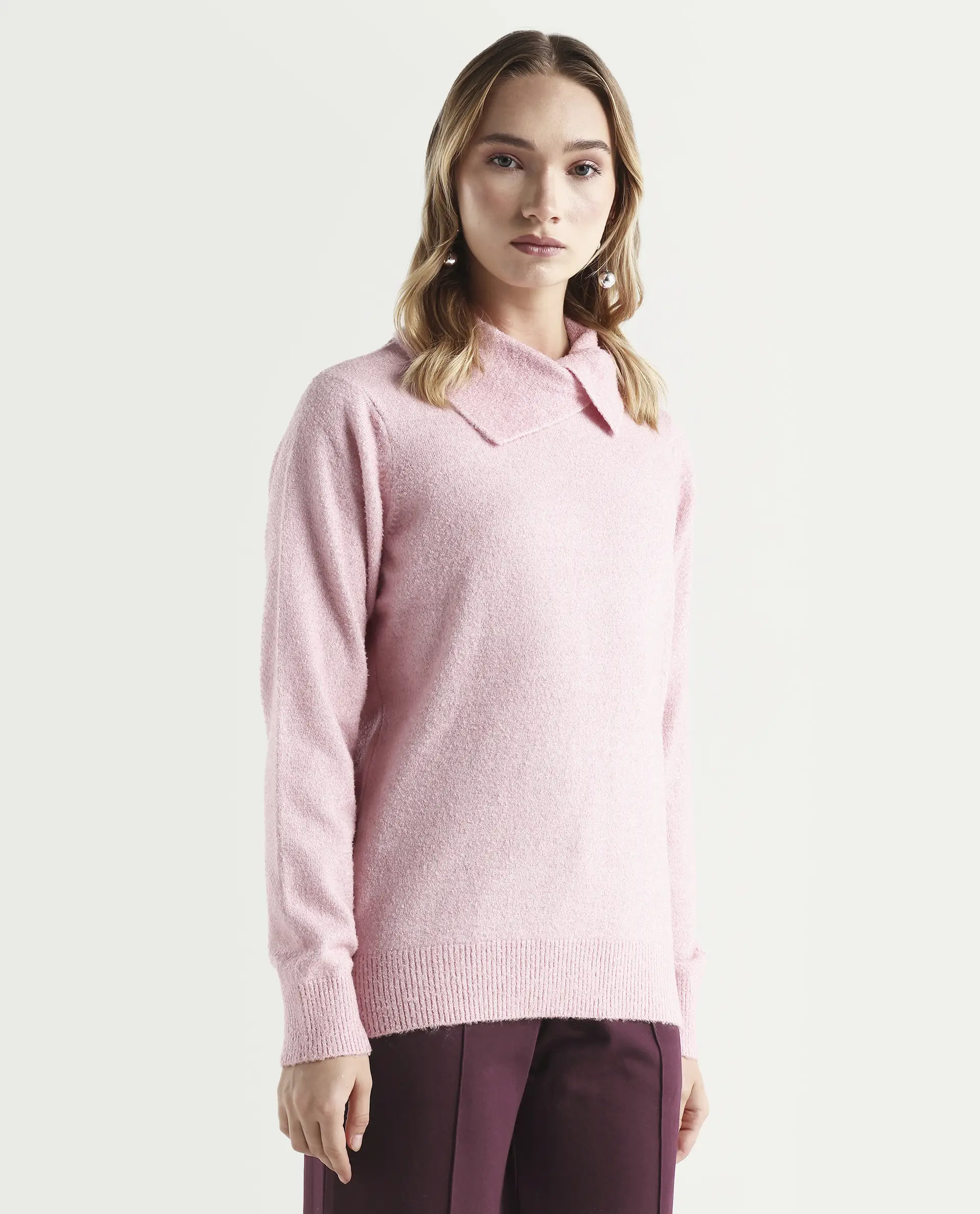Rareism Women's Reni Pink Acrylic Overlap Neck Plain Regular Fit Sweater - Image 6
