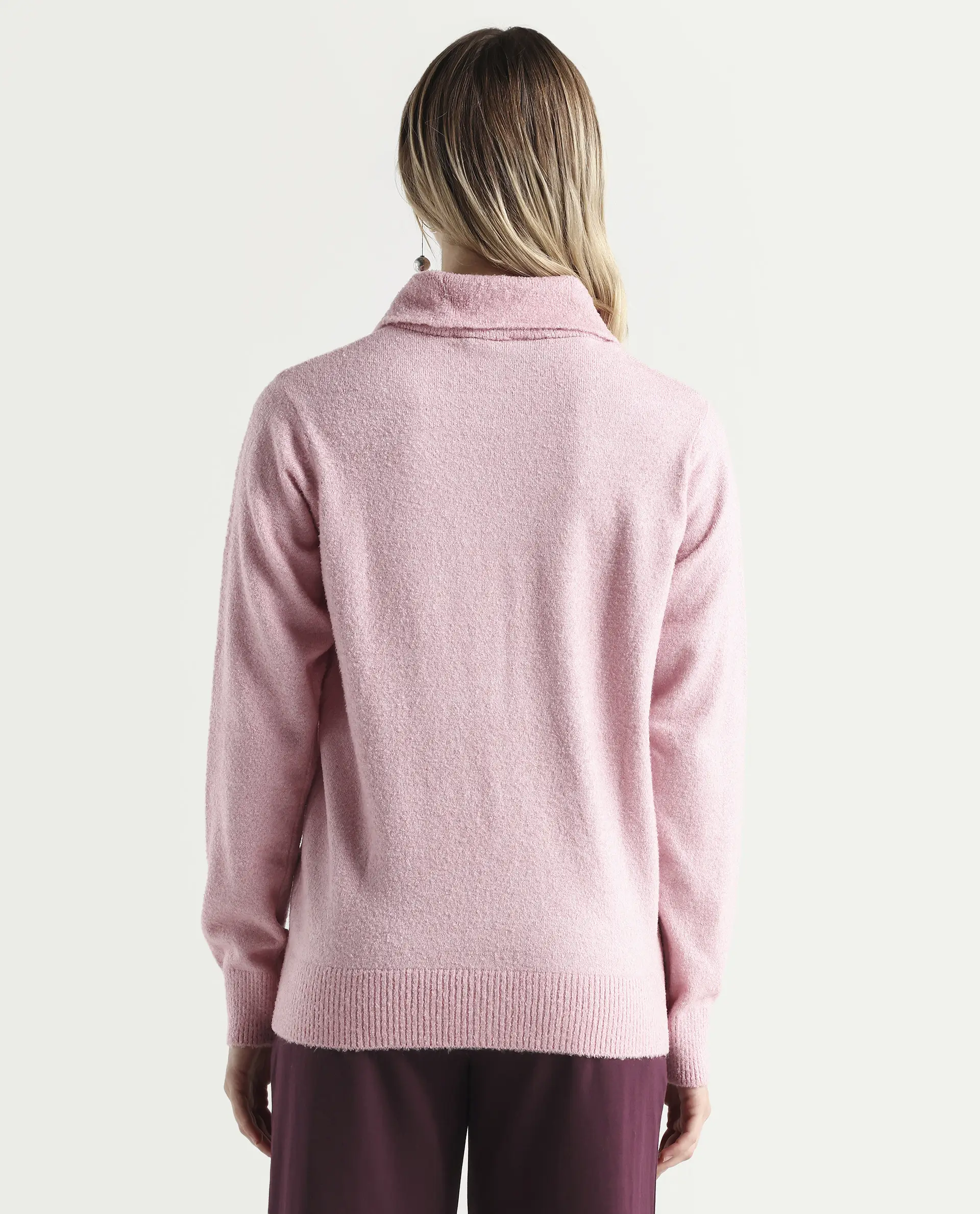 Rareism Women's Reni Pink Acrylic Overlap Neck Plain Regular Fit Sweater - Image 7